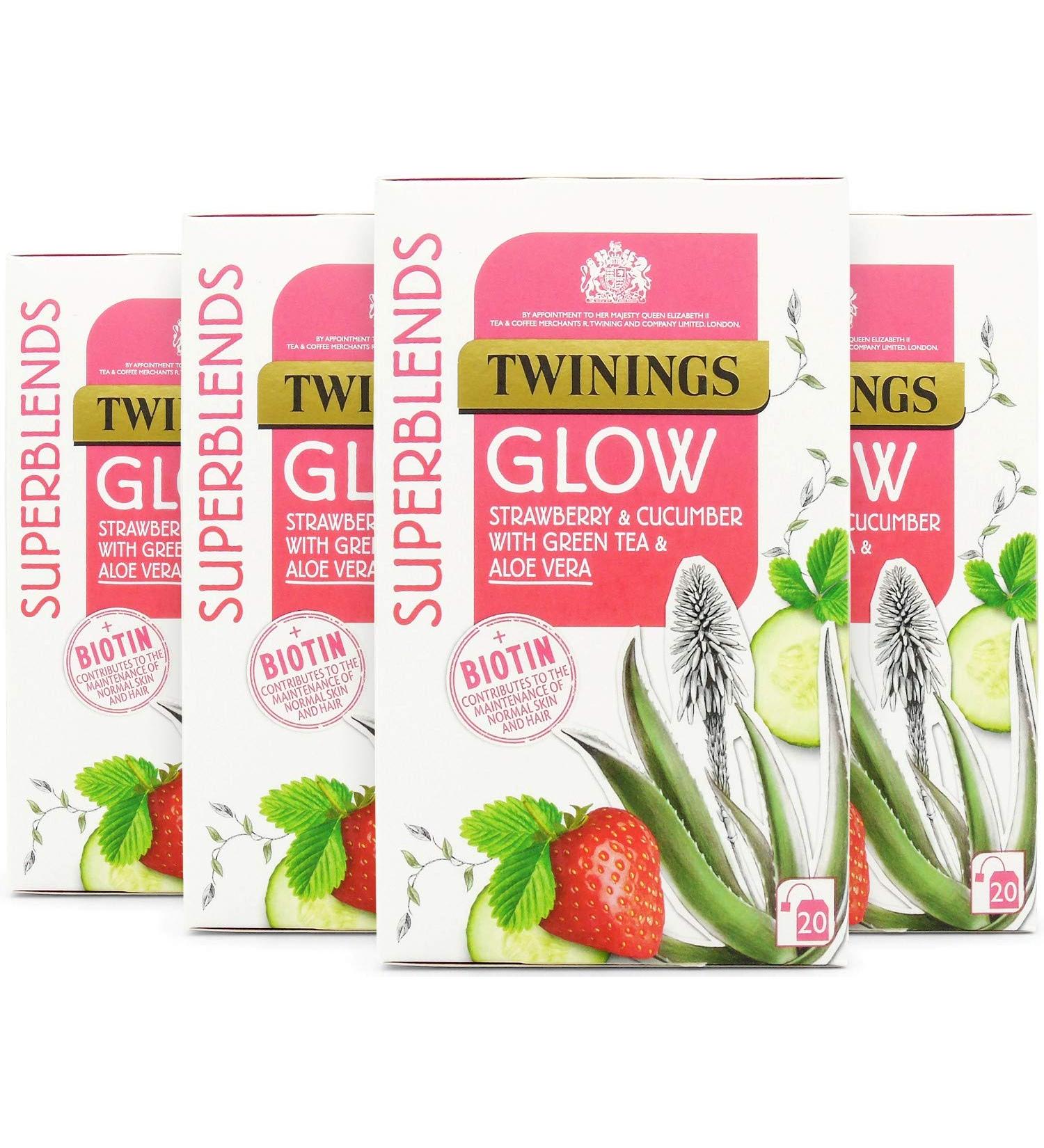 Twinings Superblends Glow Tea - Strawberry & Cucumber Green Tea with Aloe Vera & Biotin - 80 Biodegradable Tea Bags for Skincare & Hair Care - Buy Online on GoSupps.com