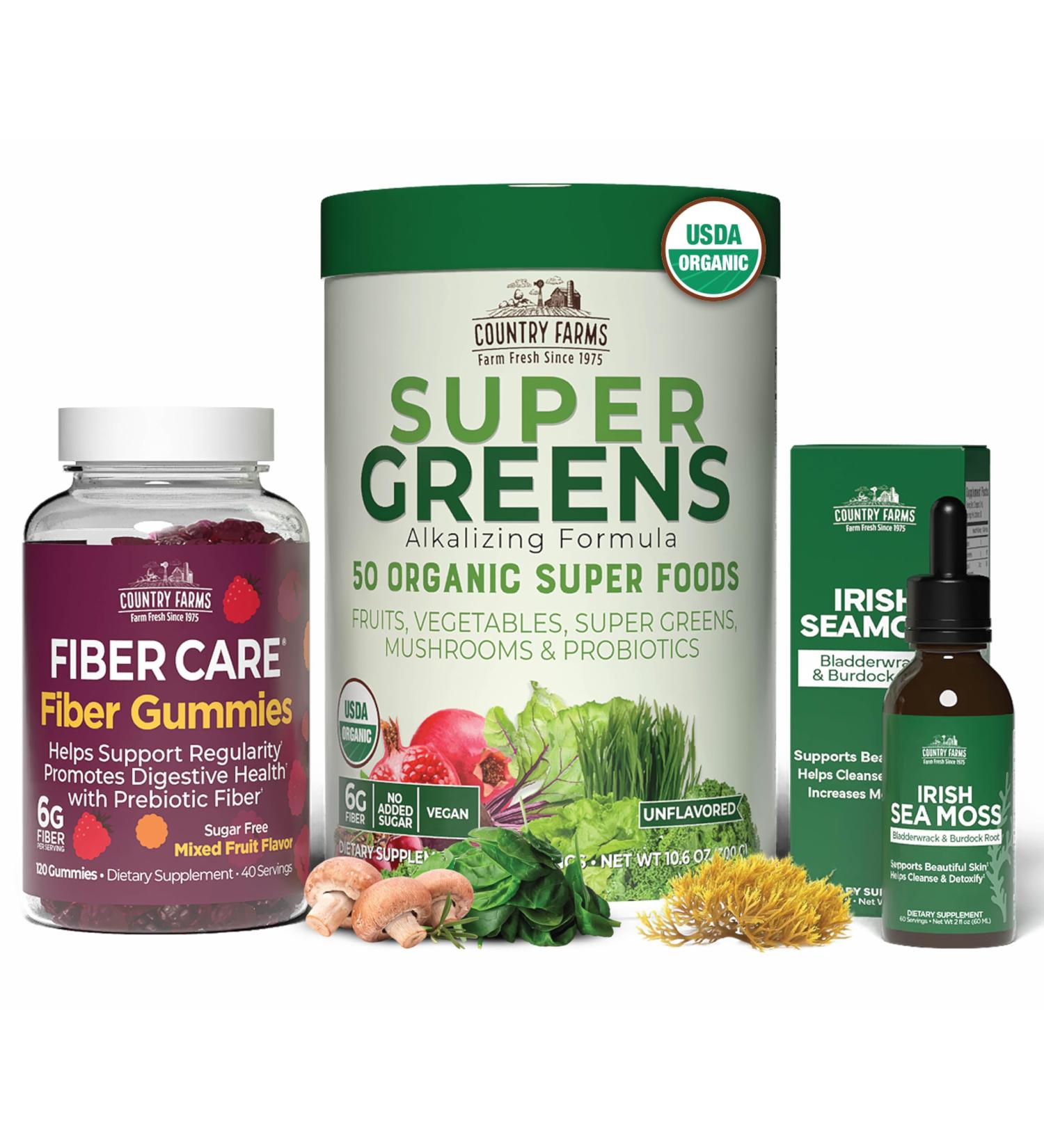 COUNTRY FARMS Super Greens Natural & Fiber Gummies with Bonus Sea Moss Tincture Natural Energy Support Digestive Health Supports Regularity Bundle Pack - Buy Online on GoSupps.com