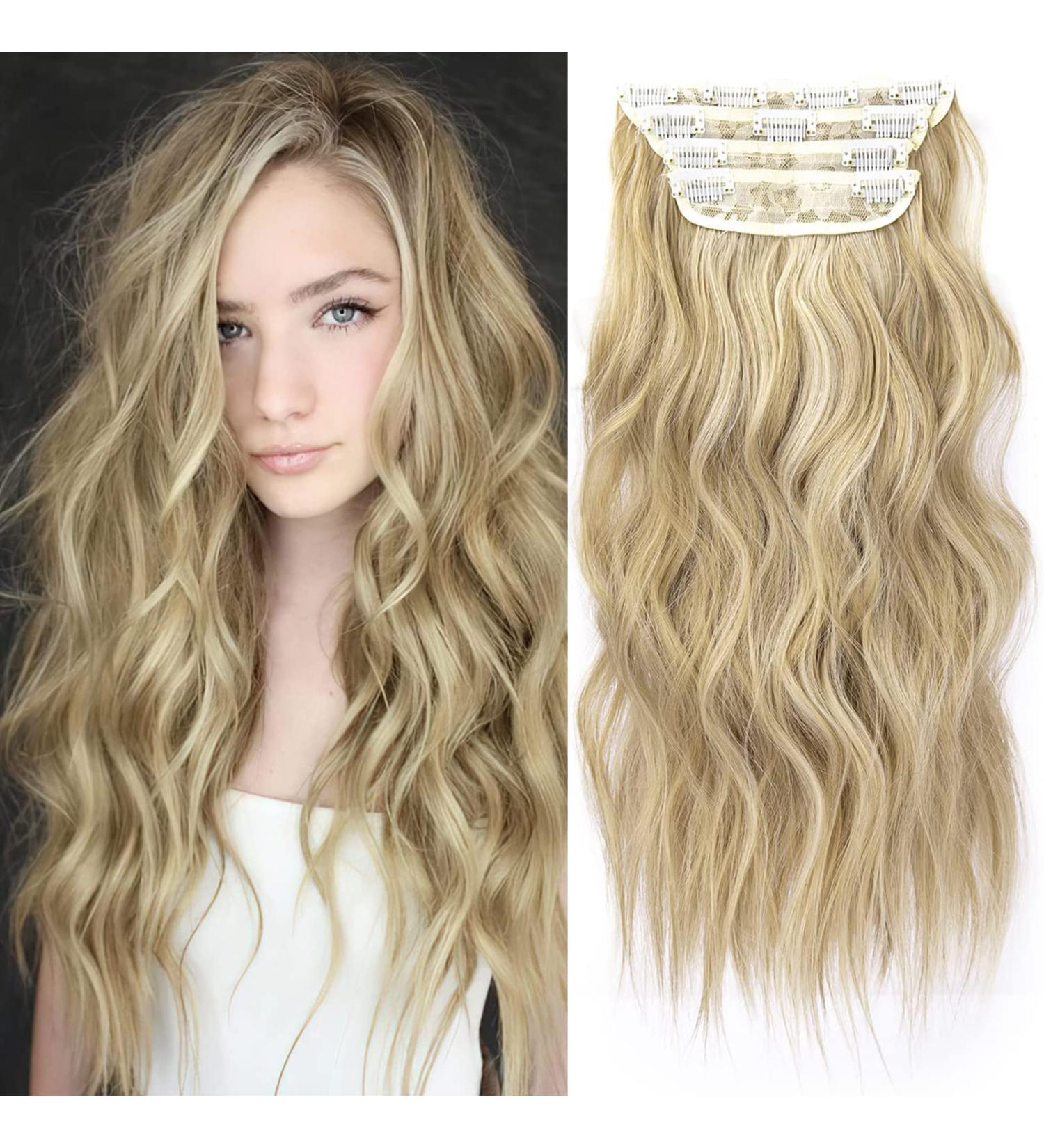 Blonde Hair Extensions Long Wavy 20inch 4pcs Clip in Synthetic Hair Extensions for Women Double Weft.(Ombre Ash Brown to Bleach Blonde) 8ah613# - Buy Online on GoSupps.com