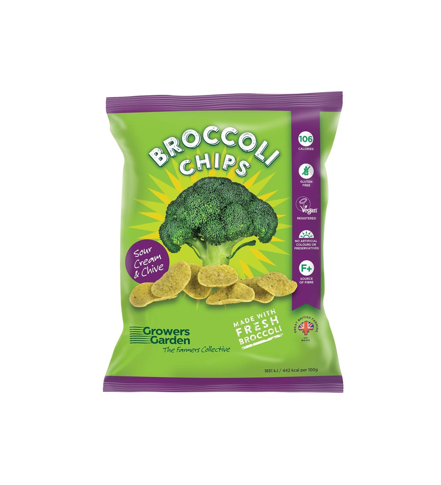 Sour Cream & Chive Broccoli Chips x24 - Healthy Snacks by Growers Garden | Vegan Crisps | Gluten Free + Dairy Free | Lunchbox Snack