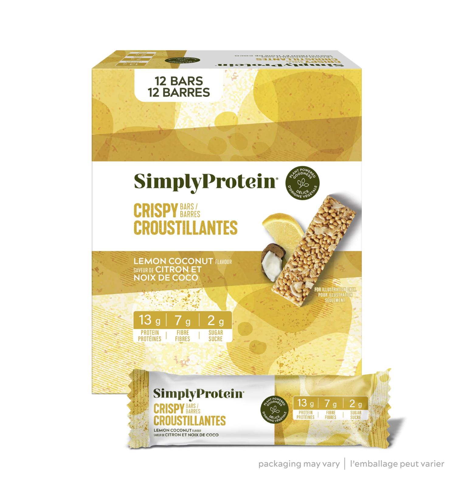 Simply Protein - Lemon Coconut Crispy Bars - Plant Based Protein Bars - Low Carb Low Sugar High Fibre - 13g Protein 2g Sugar 7g Fibre - Vegan Gluten Free Non GMO Kosher - 12 Bars Lemon Coconut 12 Count (Pack of 1) - Buy Online on GoSupps.com