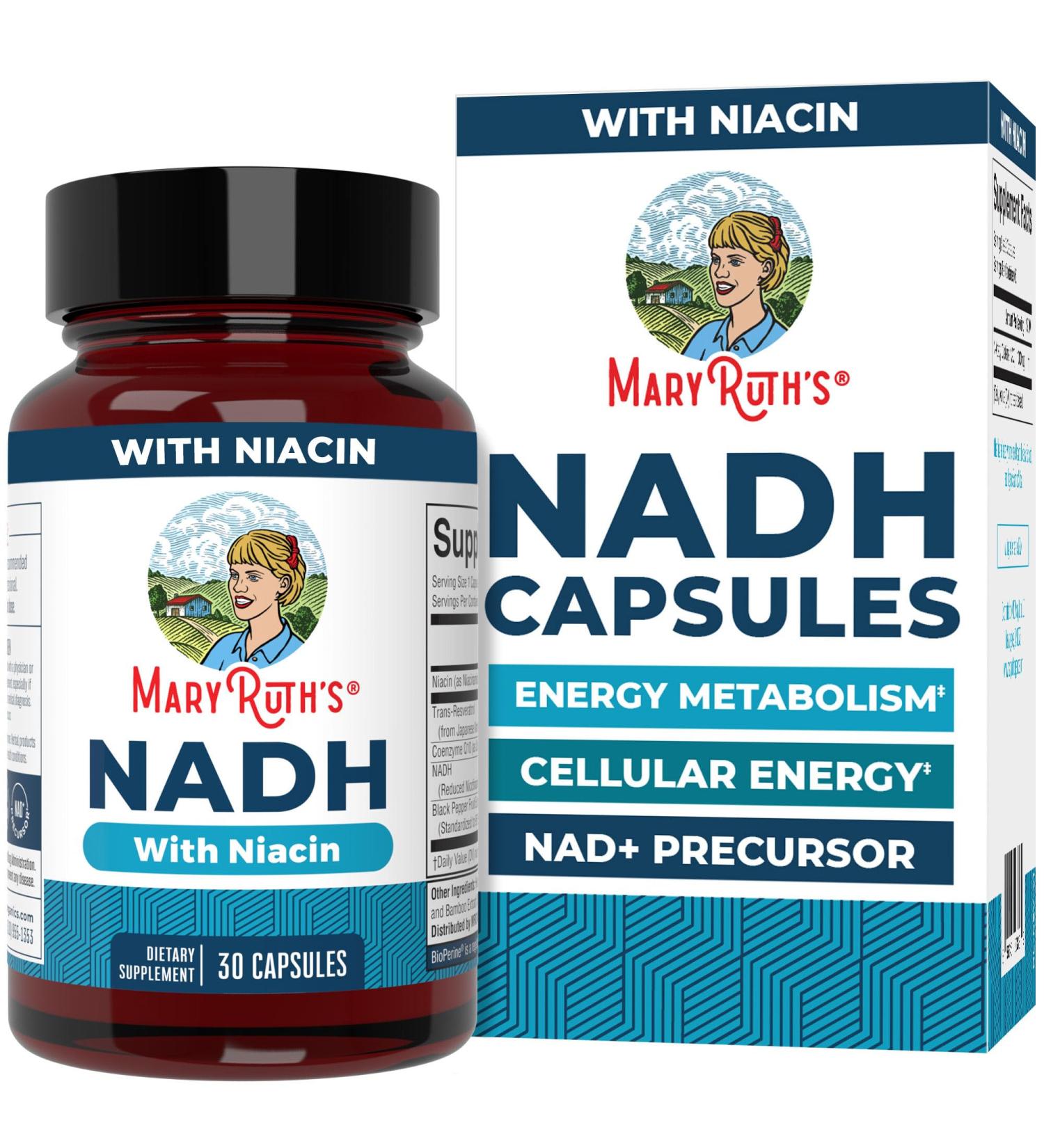 MaryRuth's NADH Capsules | Niacin | NAD+ Precursor | Trans-Resveratrol | CoQ10 | Cellular Energy | Energy Metabolism | Cognitive Function | Vegan | Gluten-Free | 1 Capsule Daily | 30 Servings - Buy Online on GoSupps.com
