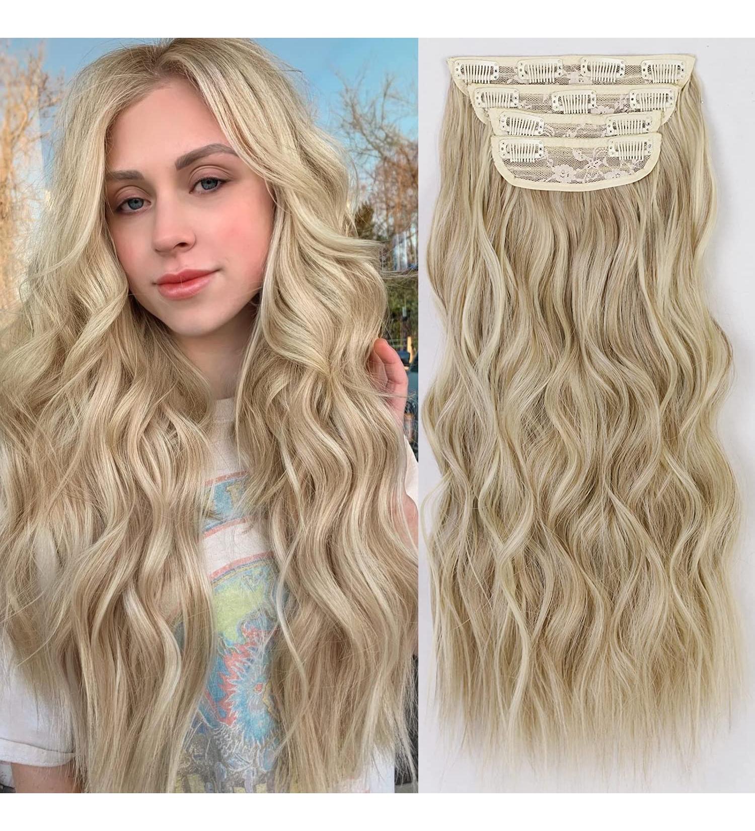 XIXIBI 20 Inch Ash Blonde Clip in Long Wavy Hair Extension - 4PCS Double Weft Synthetic Hairpieces for Women - Buy Online on GoSupps.com