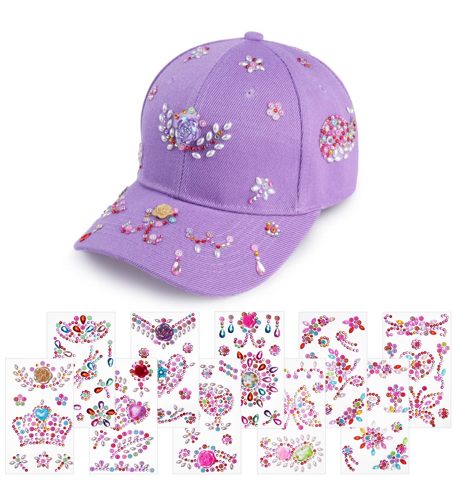 AOMIG DIY Adjustable Baseball Cap Craft Set for Girls - 10 Self-Adhesive Glitter Stones - Perfect Gift for Ages 4-11 - Purple Sun Hat - Buy Online on GoSupps.com