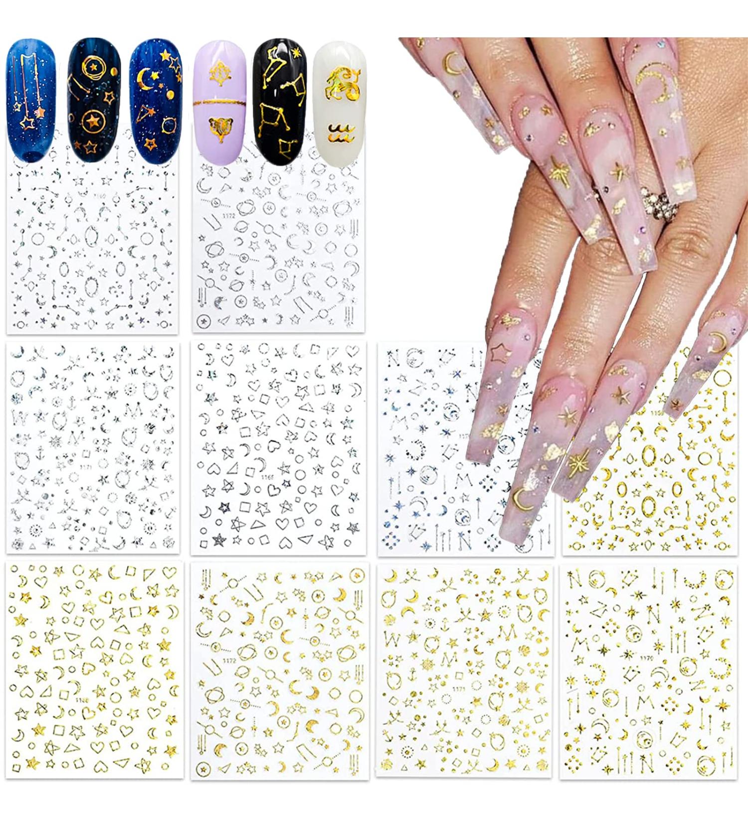 10 Sheets Moon and Star Nail Art Stickers - Self-Adhesive Metallic Decals for Acrylic Nails - DIY Manicure Decoration for Women and Girls - Buy Online on GoSupps.com