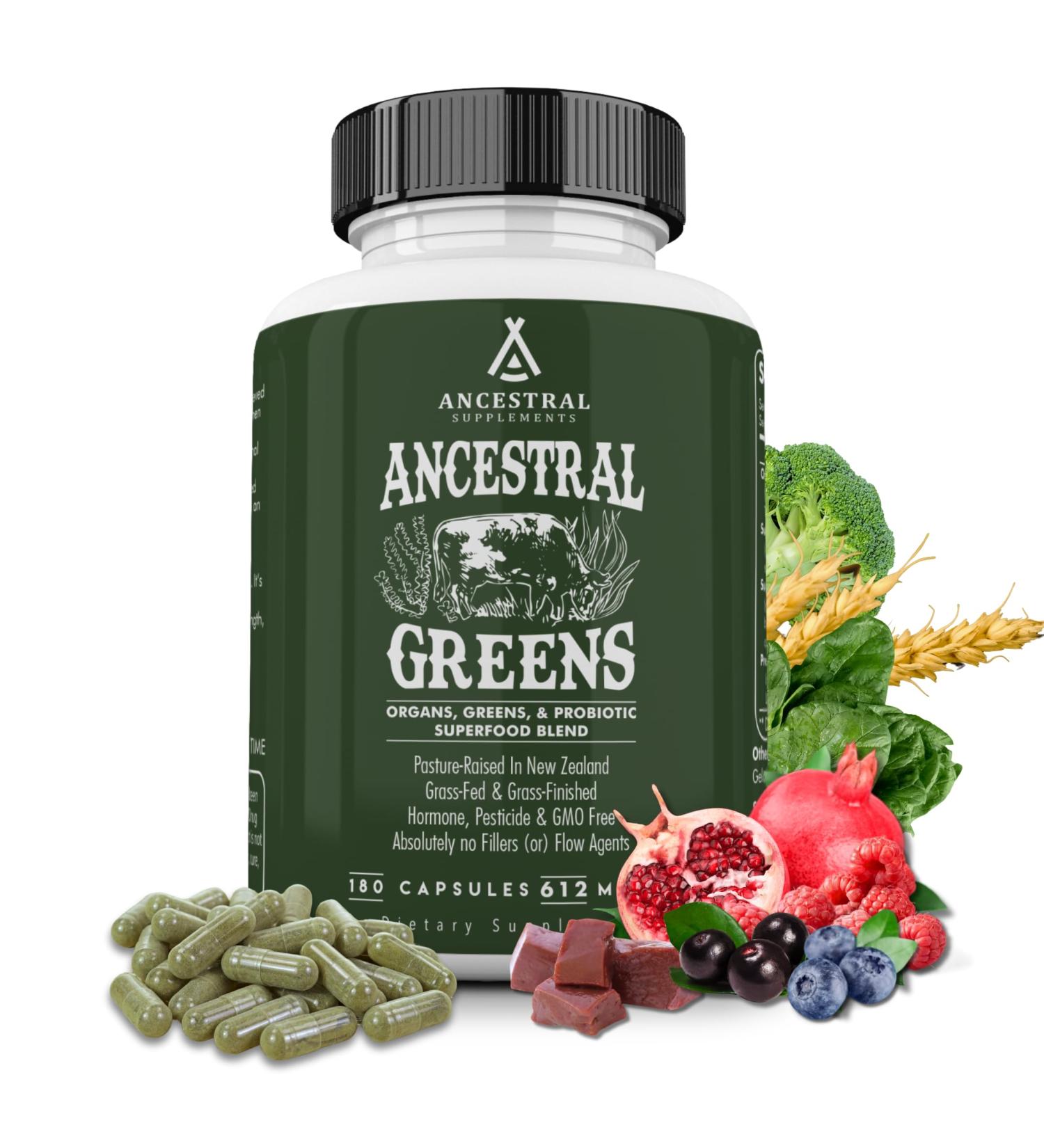 Ancestral Supplements Greens Powder Capsules Organic Superfood Greens & Reds Blend with Spirulina Chlorella Grass Fed Beef Organs and Probiotics for Gut Health Non GMO 612mg Each 180 Count Greens Blend 180 Count (Pac  - Buy Online on GoSupps.com
