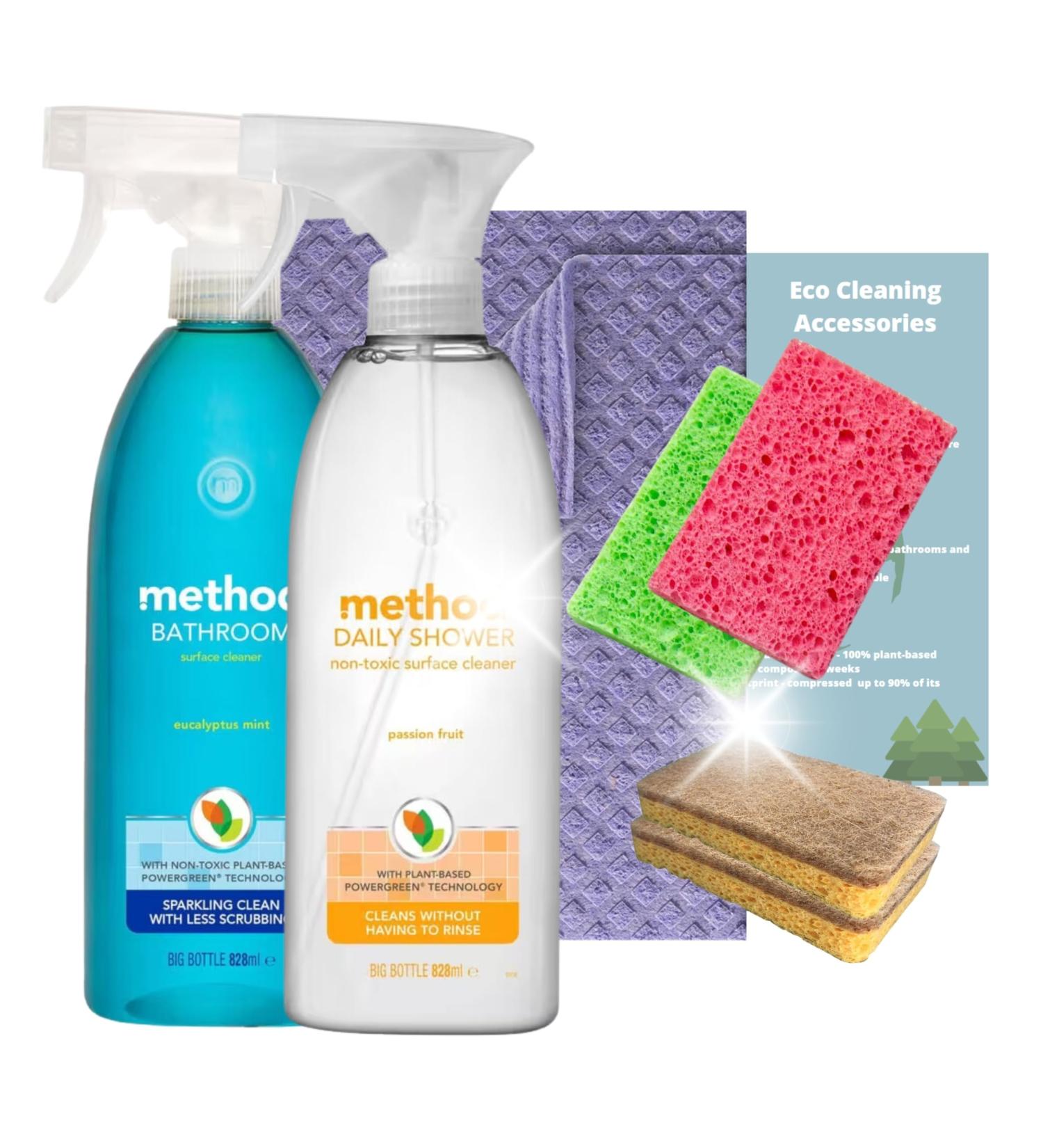 Eco Bathroom Cleaning Bundle With Method Bathroom Cleaner and Daily Shower Cleaner Swedish Dishcloth x 2 Biodegradable Scourer x 2 and Plastic Free Sponge x 2 - Buy Online on GoSupps.com
