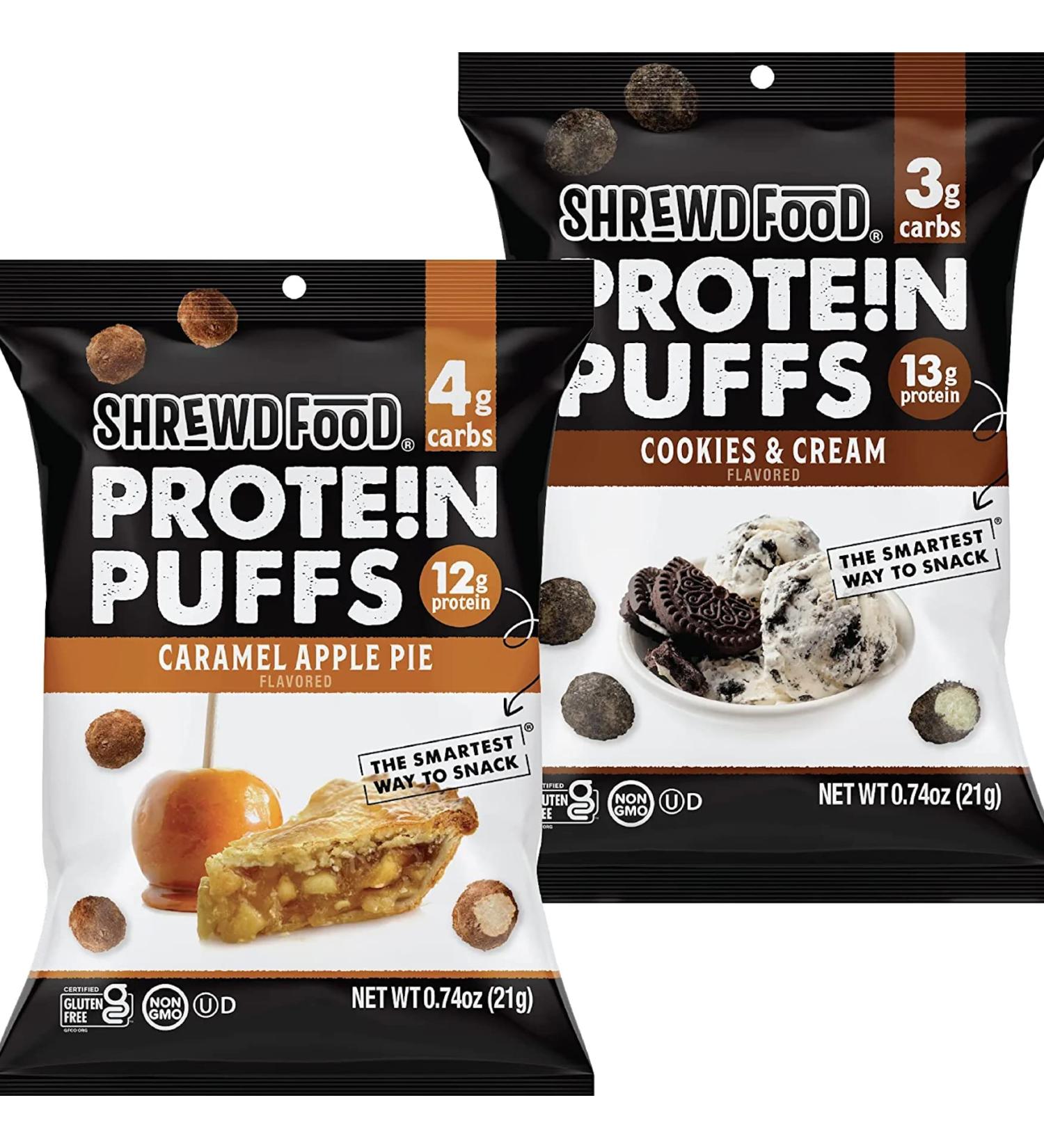 Shrewd Food Protein Puffs - High Protein Dessert Snack, Low Carb Cereal, Peanut Free, Gluten Free - 12g Protein - Caramel Apple Pie & Cookies and Cream - 8 Pack - Buy Online on GoSupps.com