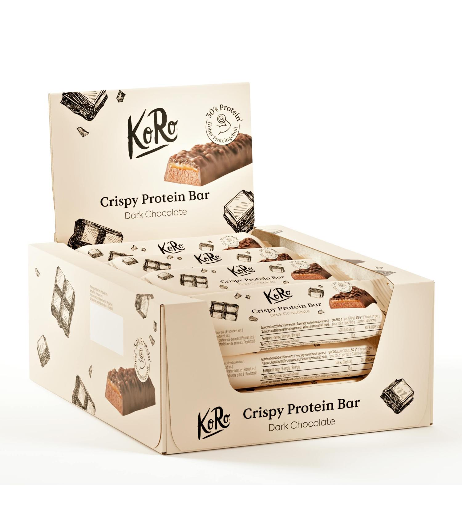 KoRo - Dark Chocolate Crunchy Protein Bar 60g - High in Protein - White Sugar Free* - Chocolate Snack - Buy Online on GoSupps.com