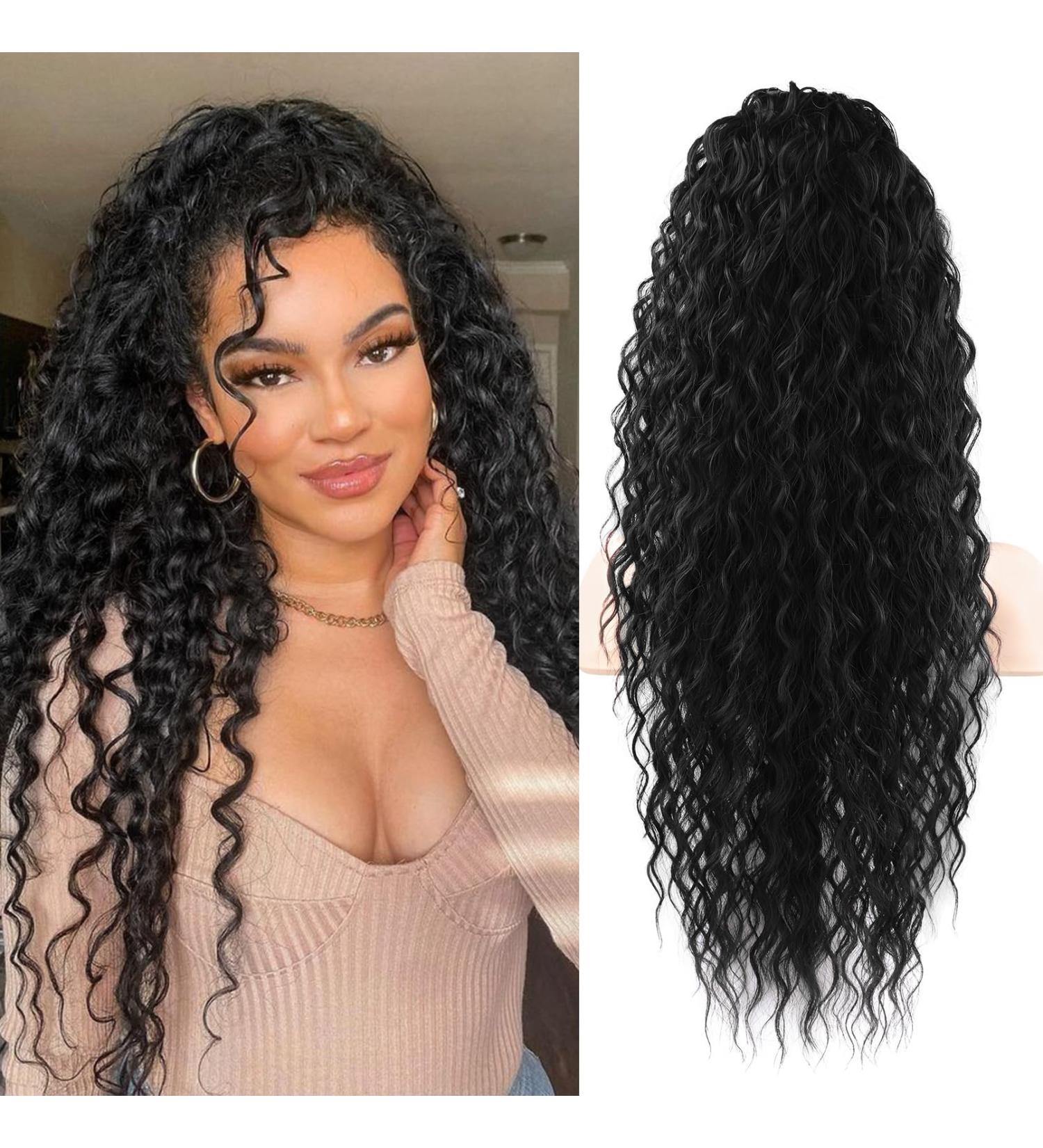FLUFYMOOZ Ponytail Extension 26 Inch Bohemian Style Drawstring Ponytail Hair Extensions for Women Long Curly Wavy Ponytail Natural Synthetic Hairpiece for Women (26 Inch Natural Black) - Buy Online on GoSupps.com