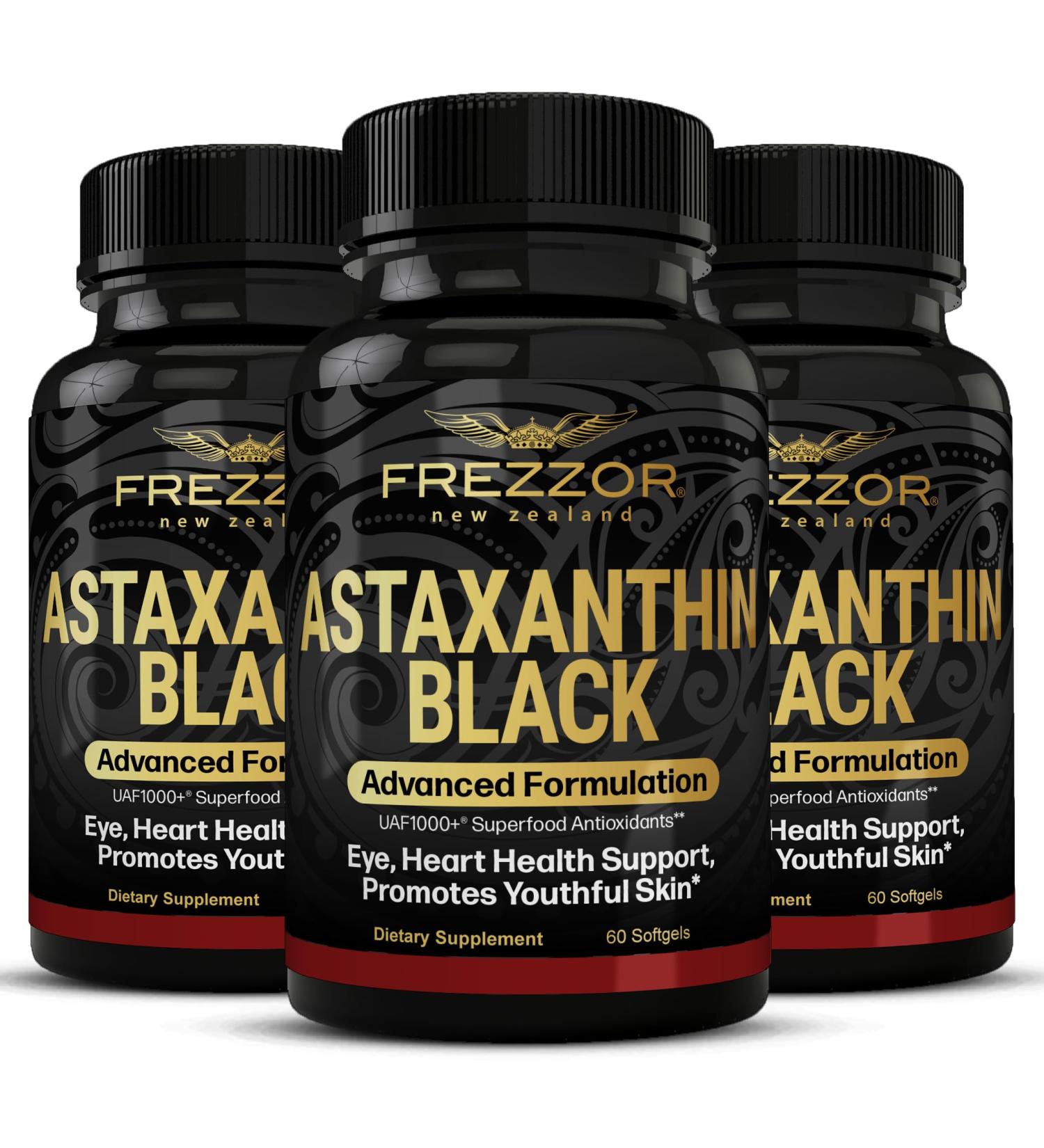 FREZZOR Astaxanthin Black with UAF1000+ Super Antioxidant Supports Heart Eye & Brain Health Anti-Aging Skincare & Cellular Protection 12mg Astaxanthin per Serve 180 Softgels 3 Month Supply