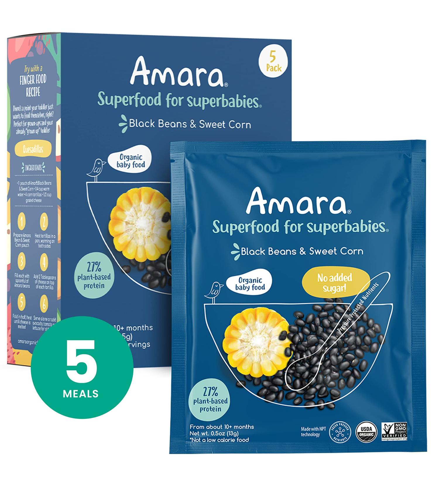 Amara Organic Baby Food Stage 3 - Black Bean & Sweet Corn Baby Cereal Pouches - 5 Pack - Made with Organic Veggies - Mix with Breastmilk, Water or Formula - Buy Online on GoSupps.com