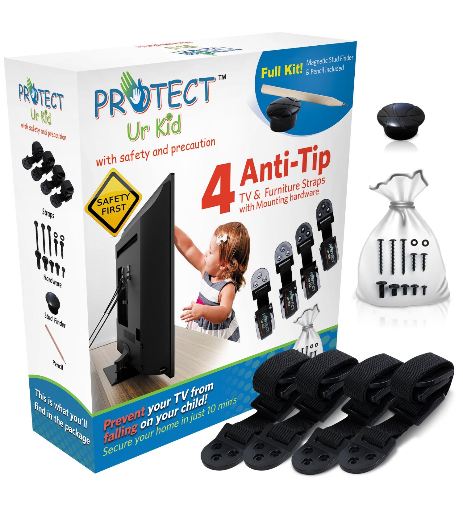 Anti Tip Furniture Anchor & TV Straps w/Ultra-Strong Mounting Hardware & Safety Stud Finder Locks-in Heavy Objects for Instant Earthquake  Child & Baby Proofing (Black  4 Straps + Stud Finder) - Buy Online on GoSupps.com