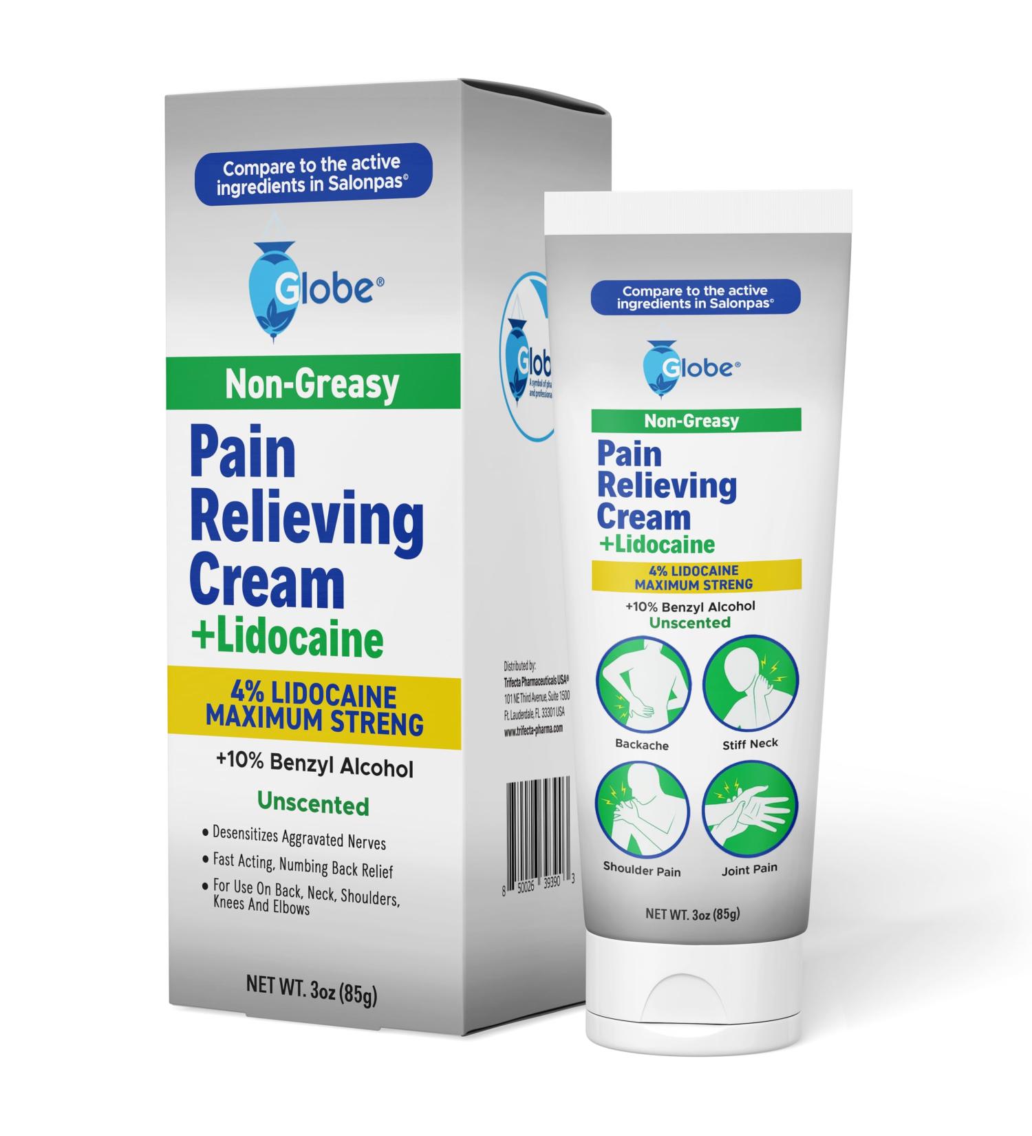 Globe Pain Relieving Cream 4% Lidocaine | Maximum Strength Numbing Relief for Muscle Joint Backache & Soreness | Fast Acting Unscented 3oz - Buy Online on GoSupps.com