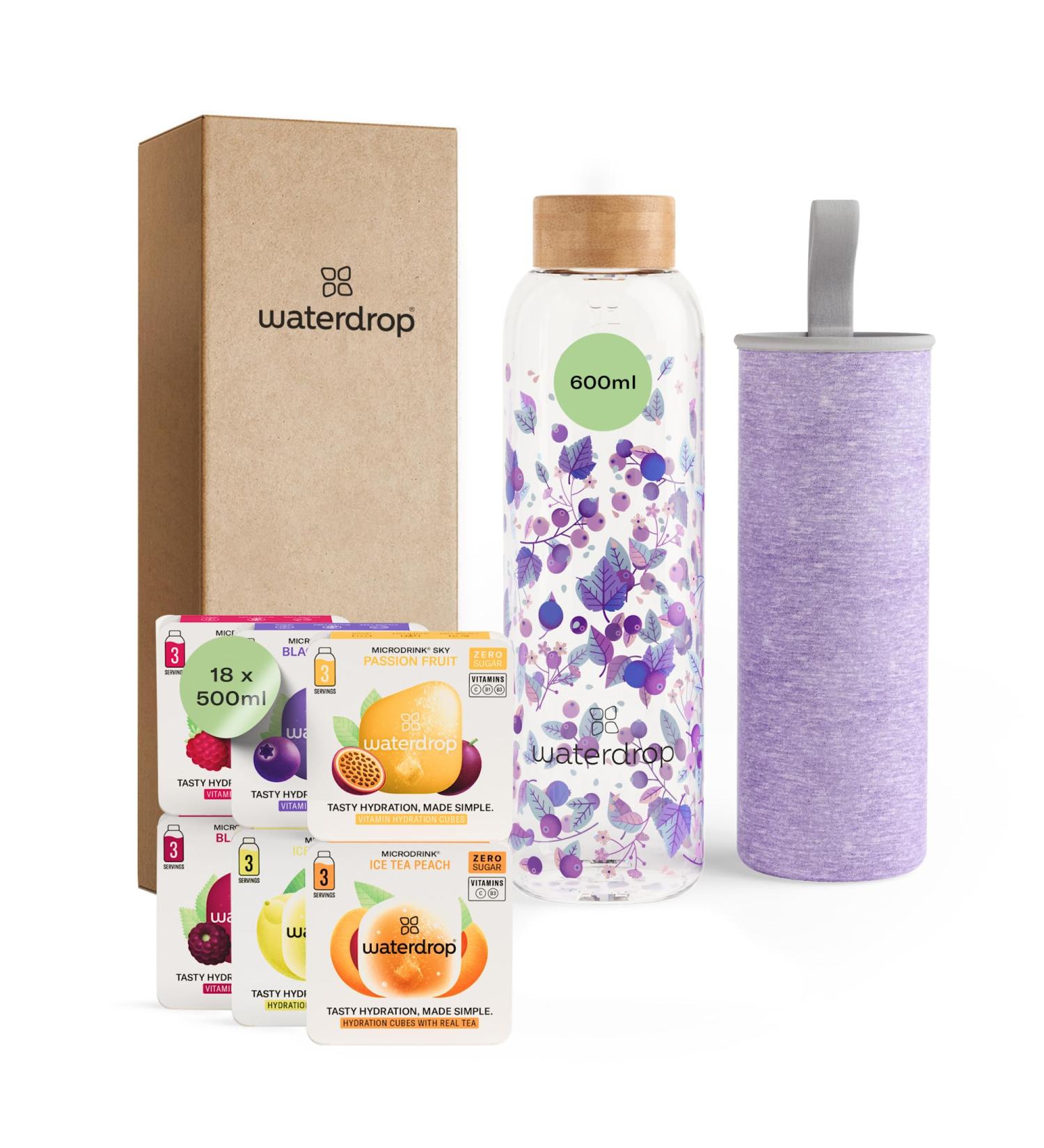 Waterdrop Gift Set 600 ml Glass Bottle Leak-Proof and Compatible with Sparkling Water 18 Sugar Free Drinking Cubes Chris - Buy Online on GoSupps.com