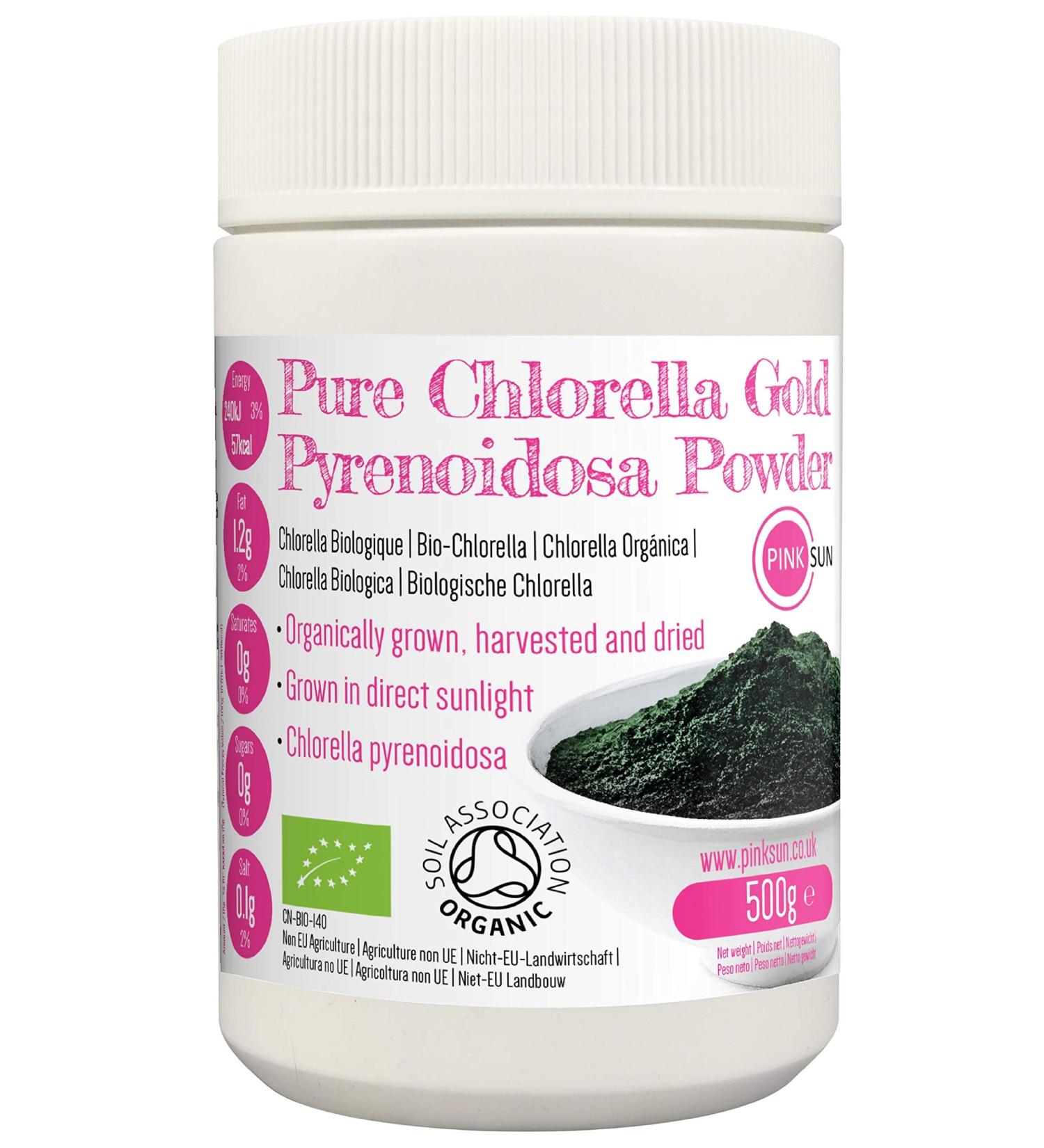PINK SUN Organic Chlorella Pyrenoidosa Powder - Broken Cell Wall Cracked, Gluten Free, Non GMO - 500g/1kg - Soil Association Certified - Vegetarian/Vegan-Friendly - Buy Online on GoSupps.com
