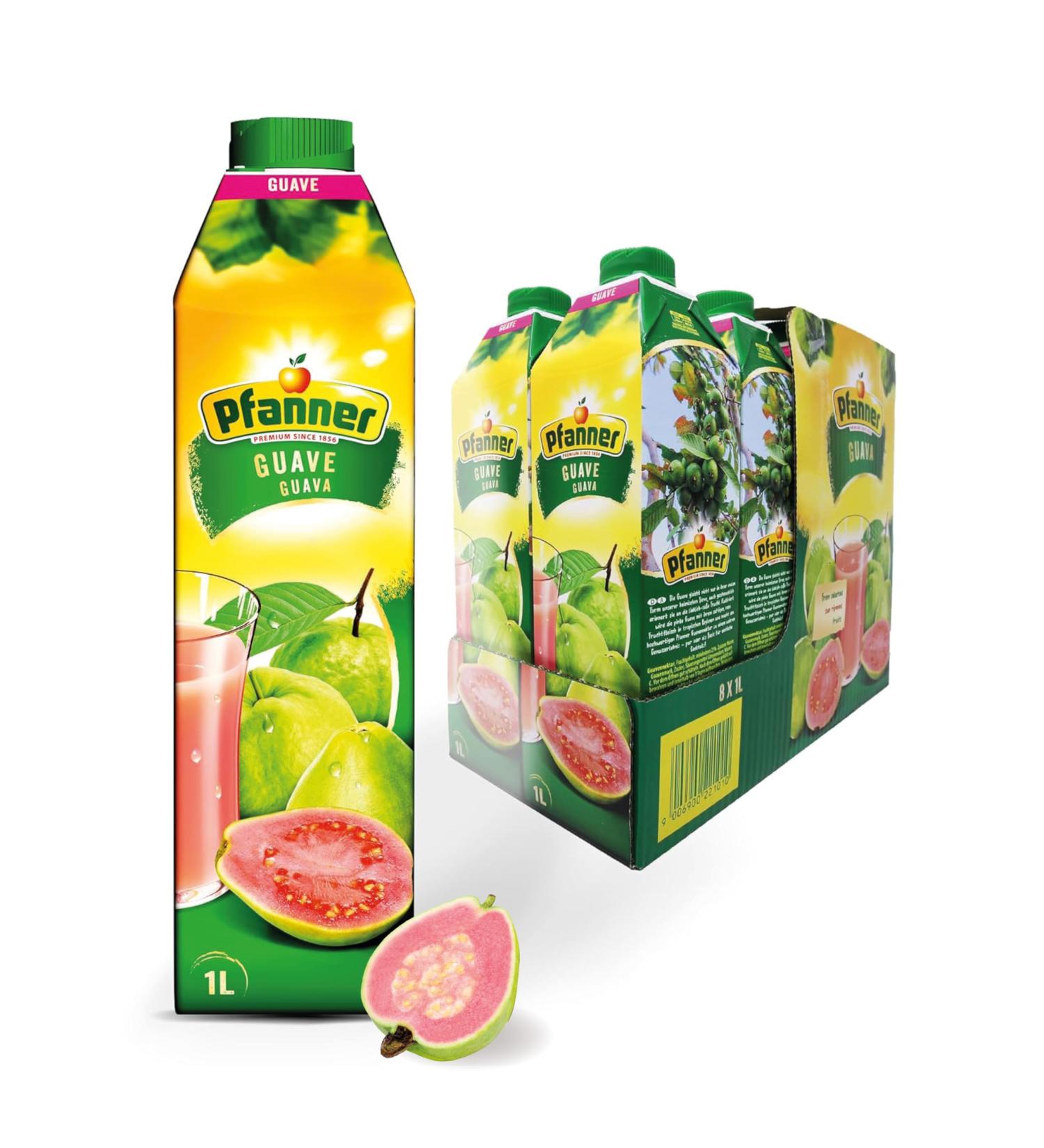 Pfanner Guava Nectar - 25% Fruit Content (8 x 1L) | Bulk Pack of Pink Guava Drink - International Shipping Available - Buy Online on GoSupps.com