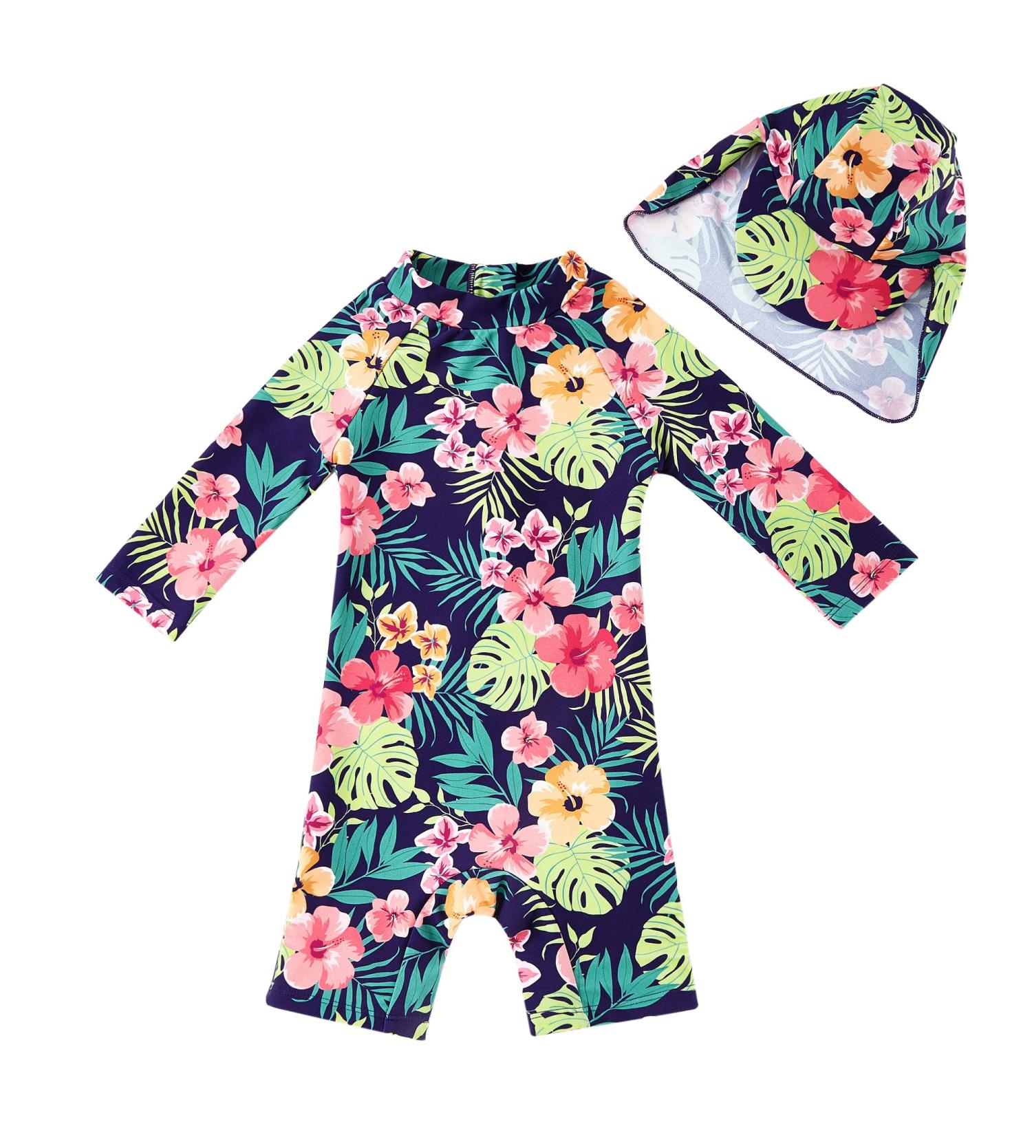 UPF 50+ Dark Blue Baby Girl One Piece Swimwear with Sun Hat | Toddler Swimsuit 12-18 Months - Buy Online on GoSupps.com