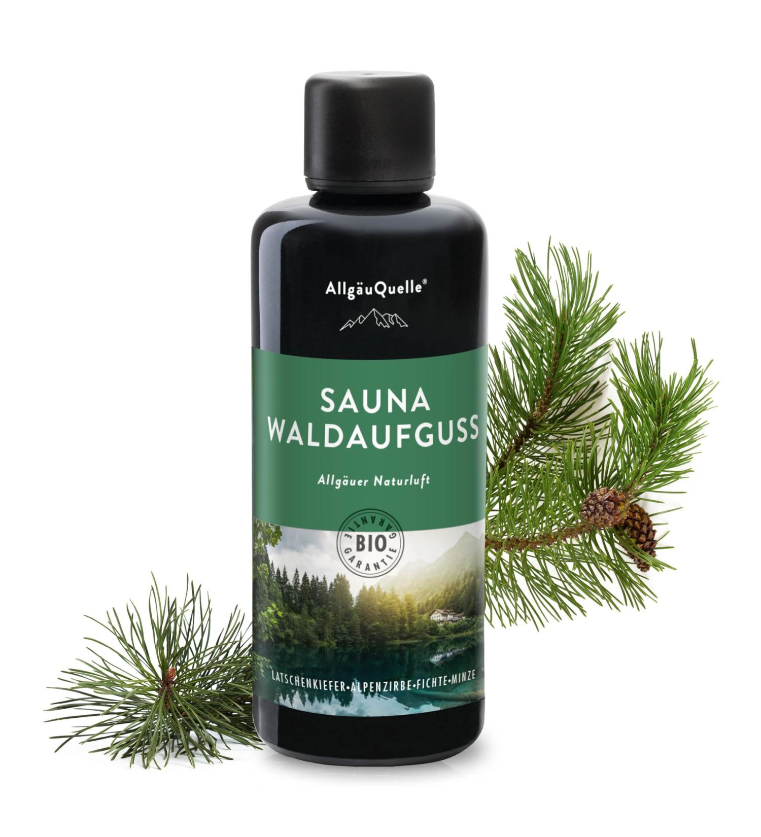 Allg uQuelle Sauna Infusion - 100% Organic Oils with Natural Spruce Mountain Pine & Stone Pine - Refreshing Mint - 100ml for a Luxurious Spa Experience - Buy Online on GoSupps.com