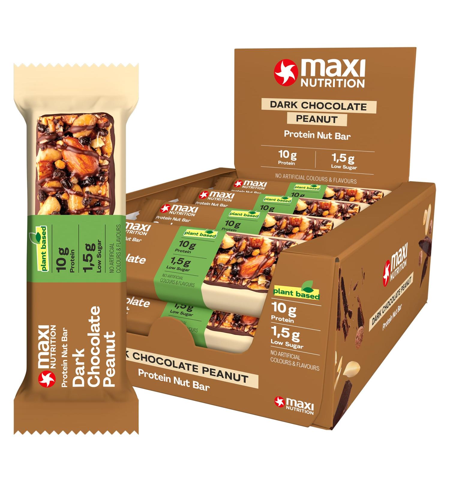 Maxinutrition Dark Chocolate Peanut Nussriege - Vegan Protein Bars (12x46g) | 22% Plant-Based Protein No Added Sugar Artisan Quality - Buy Online on GoSupps.com