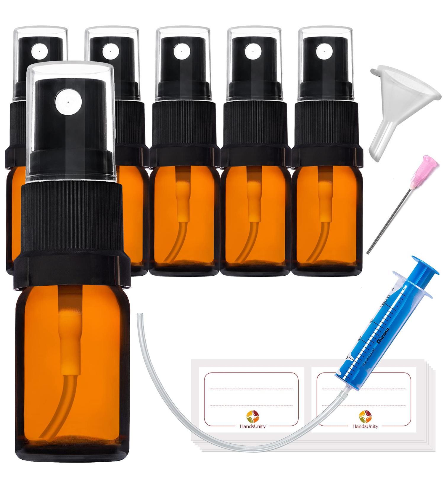 Handsunity 5ml-6Stk spray bottle glass bottle with atomizer- amber pharmacy bottle set with black atomizer Glass spray bottle made of brown las with 17 pcs accessories 5ml 6 pieces black cap
