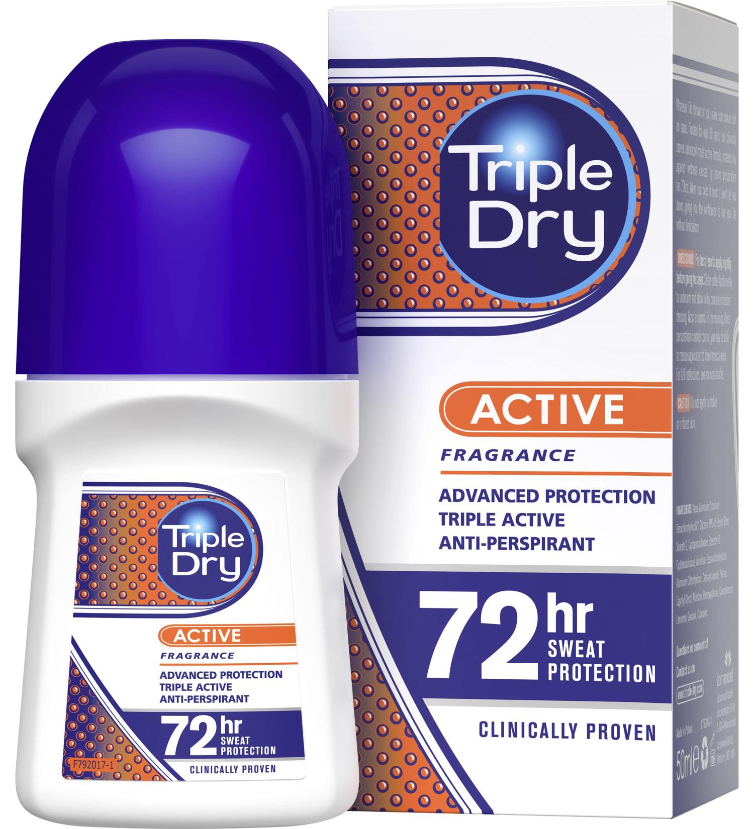 Triple Dry Men Active Fragrance Anti-Perspirant Roll On 50ml | 72-Hour Protection - Male Active Formula - Buy Online on GoSupps.com