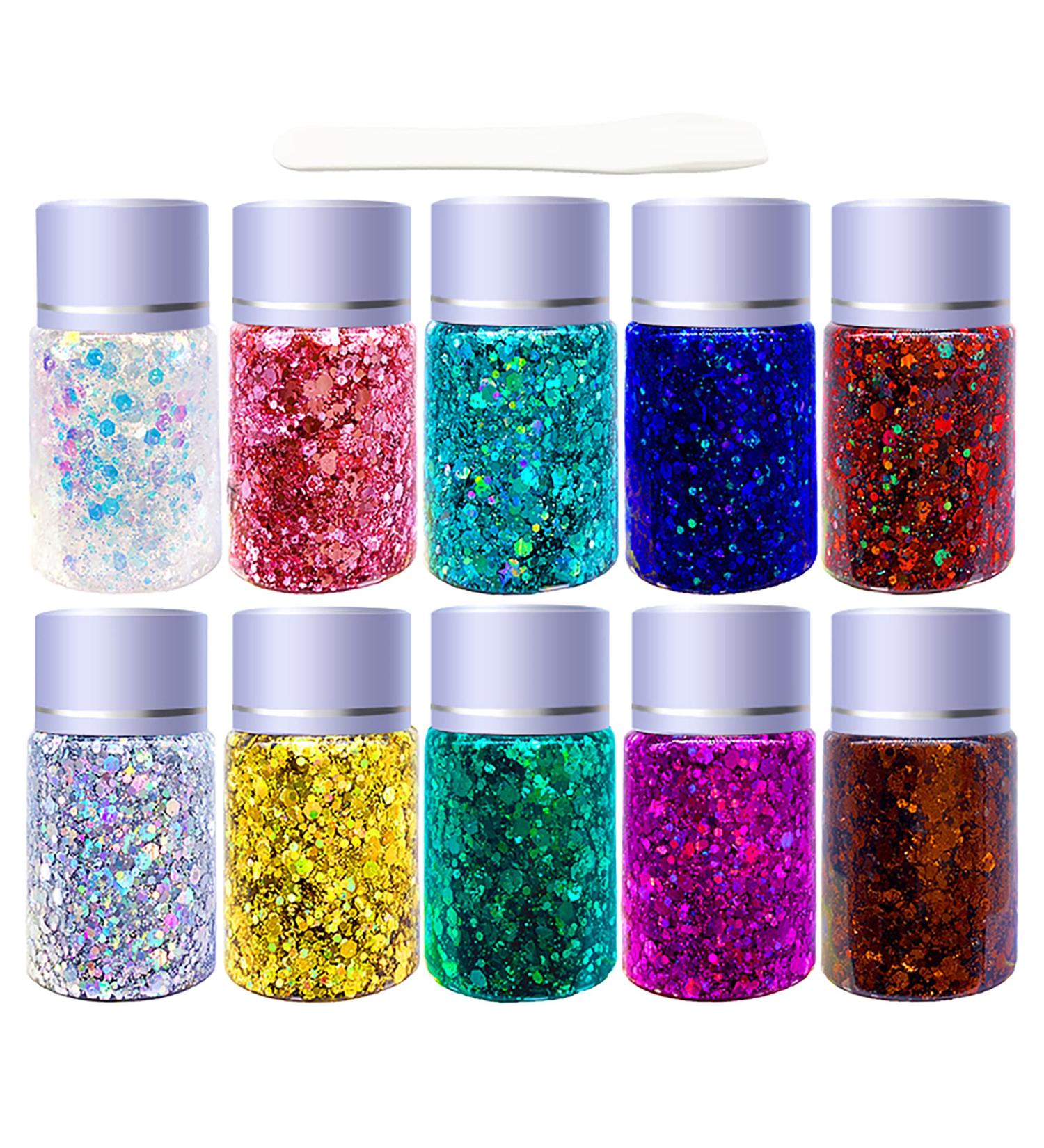 Body Face Glitter Gel 10 Colors 10.6oz - Holographic Chunky Laser Liquid Glitter for Makeup, Eyeshadow, Hair, Nails - Includes Spoon - SUPGIFT - Buy Online on GoSupps.com