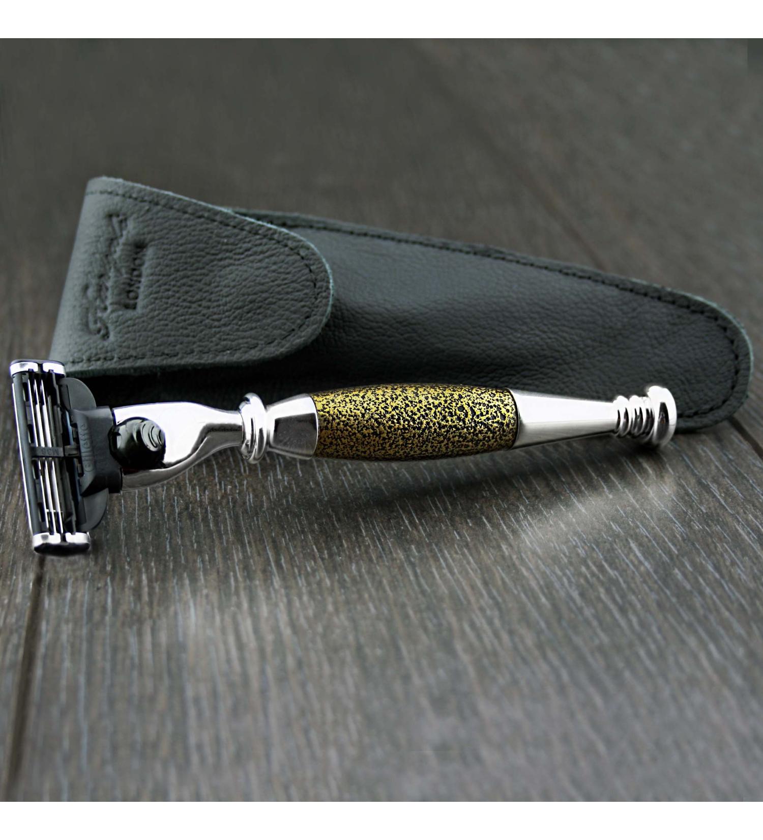 3 Edge Shaving Razor - Gold Antique Design Safety Razor for Men with Leather Pouch - Perfect Beard & Mustache Grooming Tool - Buy Online on GoSupps.com