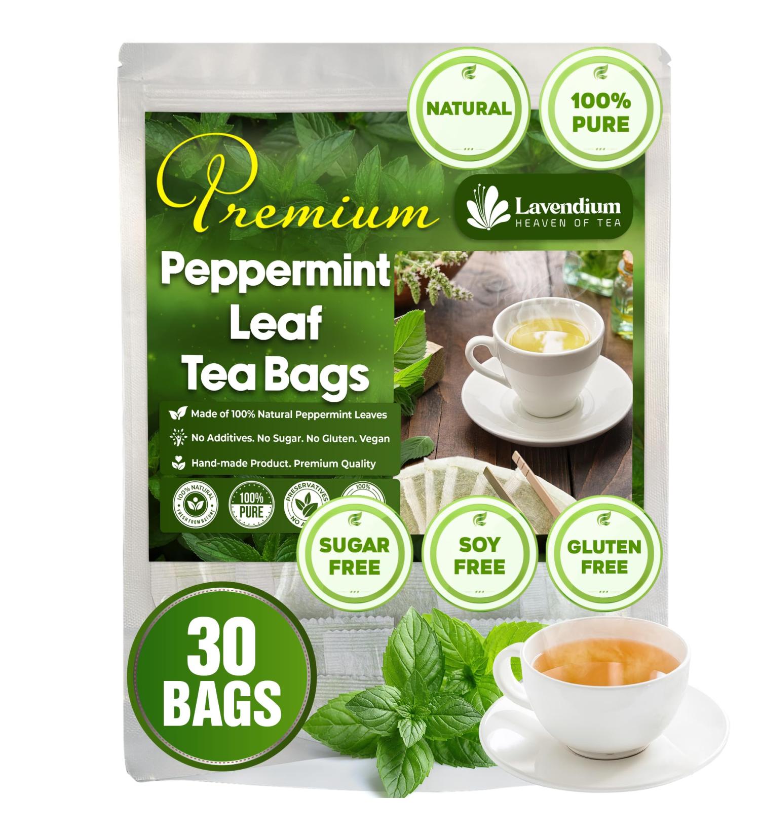 Lavendium Premium 30 Peppermint Tea Bags 100% Natural & Pure Peppermint Leaves. Loose Leaf Peppermint Herbal Tea. Peppermint Leaf Tea. No Sugar No Caffeine No Gluten Vegan. - Buy Online on GoSupps.com