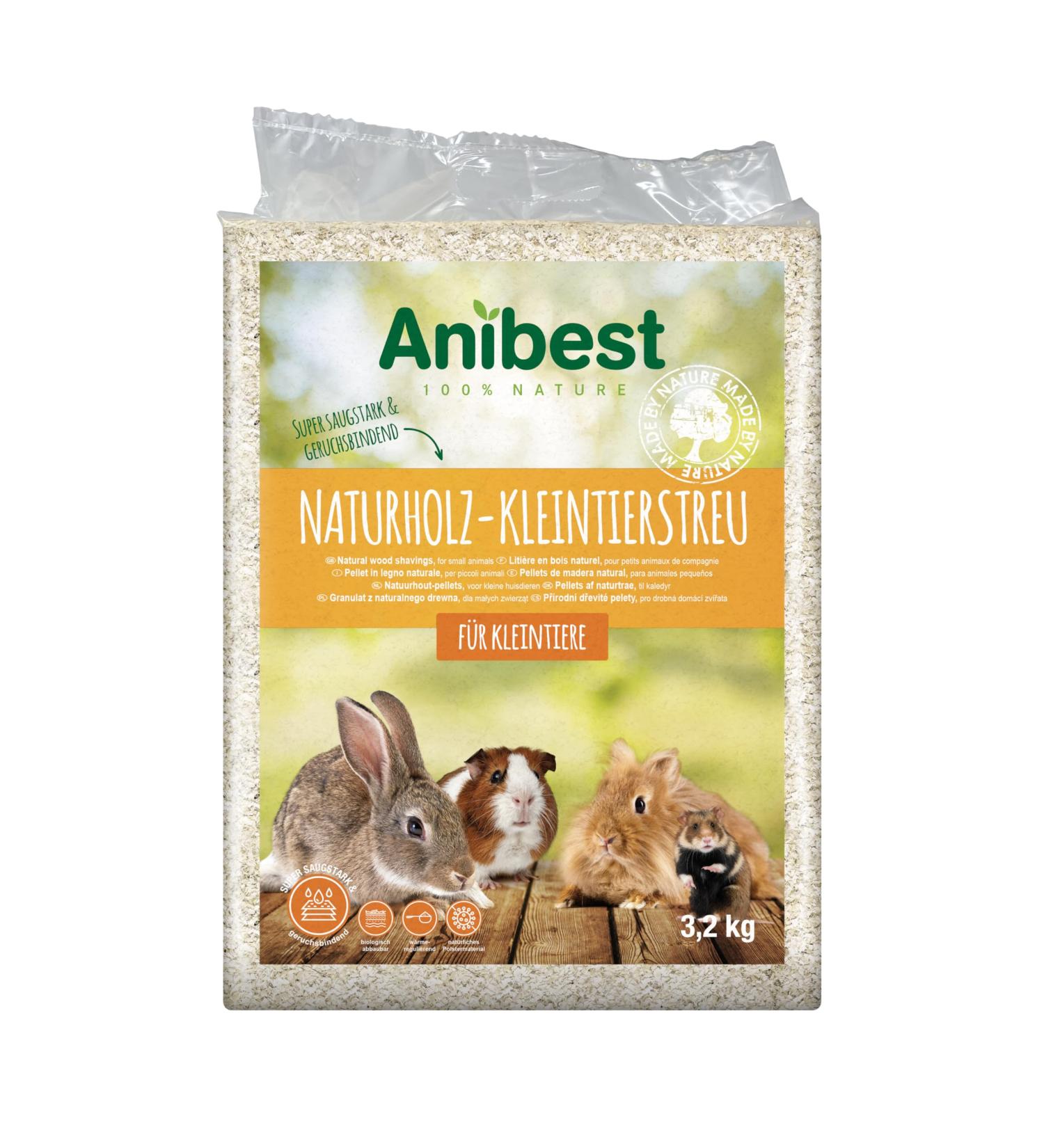 Anibest 100% Natural Small Animal Litter - Dust-Free Odor Binding Soft Wood Shavings for Rabbits Hamsters & Guinea Pigs - 3.2 kg / 60 Liters - Buy Online on GoSupps.com