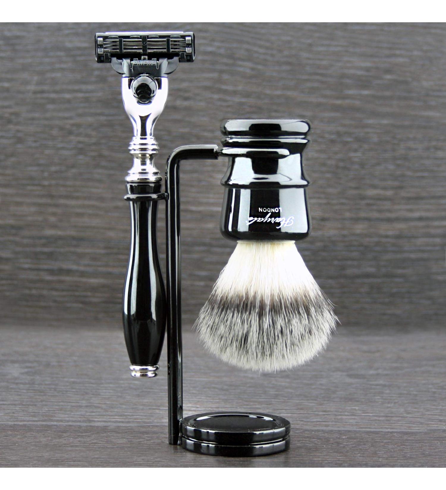 3-piece shaving set for men razor and synthetic hair brush for wet shaving