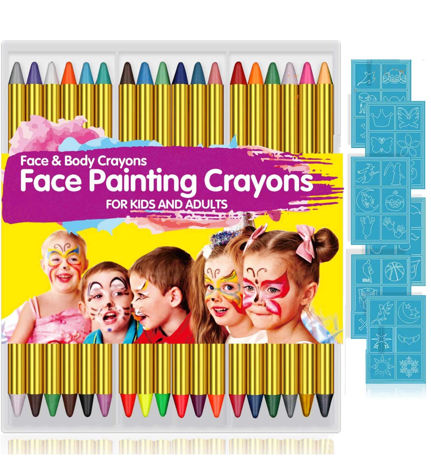 Face Paint Crayons for Kids - 36 Makeup Sticks & Stencils - Professional Face Painting Kit for Halloween or Birthday Party - 6 Fluorescent, 6 Metallic, 24 Classic Colors - Safe for Sensitive Skin - Buy Online on GoSupps.com