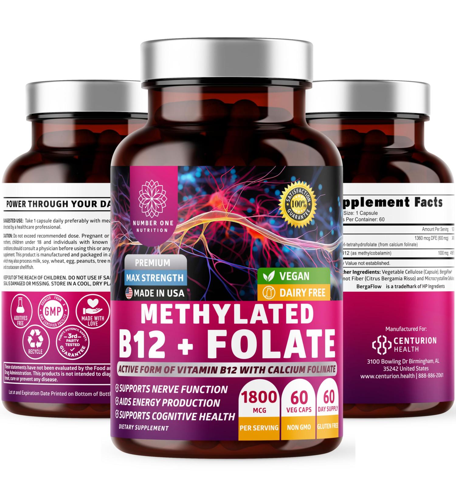 Number One Nutrition Premium Methylated B12 + Folate Supplement for Energy, Cognition and Nerve Support, 60 Vegan Capsules, Non-GMO and Gluten-Free - Buy Online on GoSupps.com