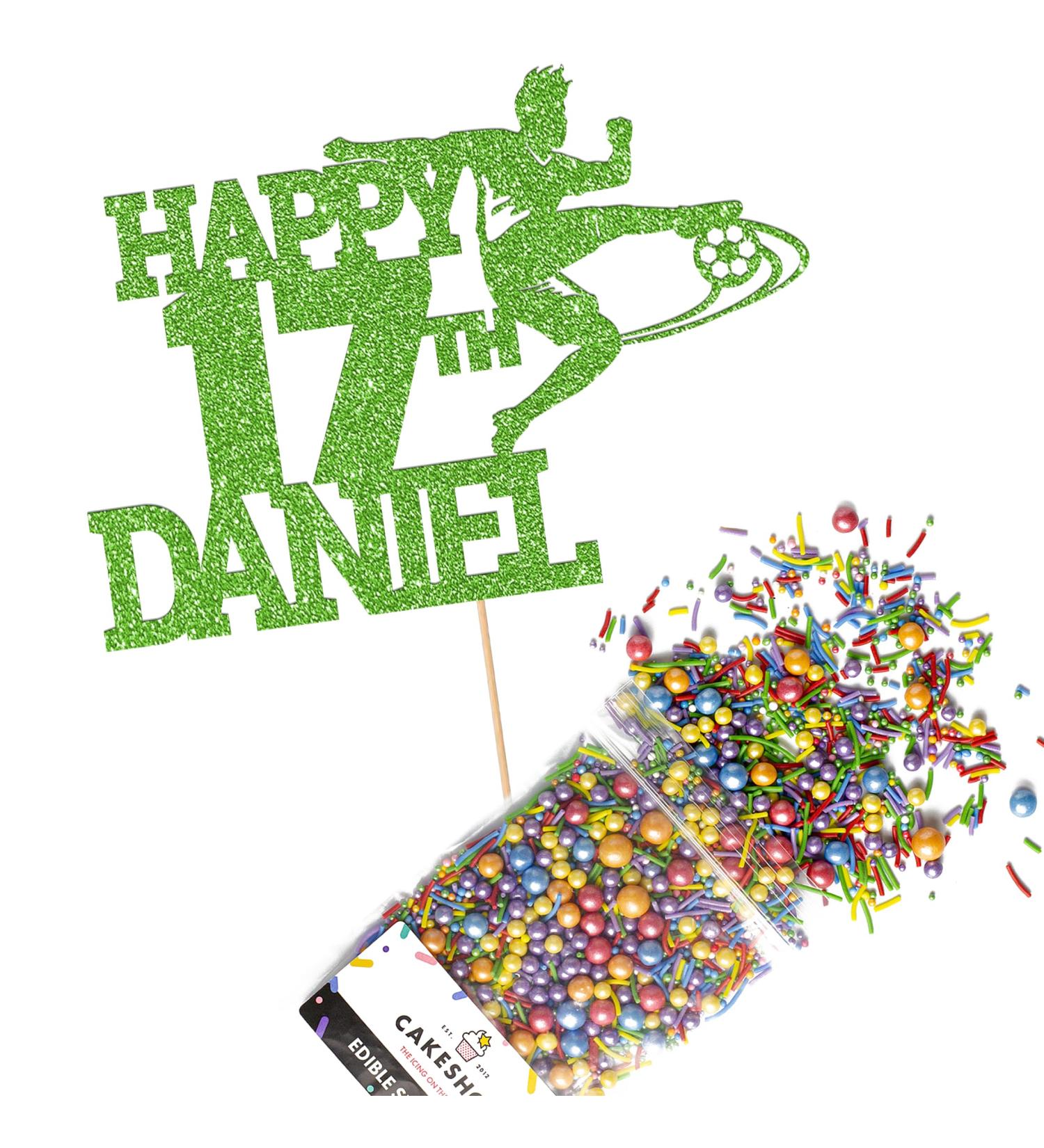 Cakeshop Cake Decoration Pack | Football Birthday Theme Premium Double Sided Glitter Card Cake Topper & 25g Party Pack of Cake Sugar Sprinkles | Custom Name & Age Cake Decoration (Green) Non-Prime Glitter Card: Green - Buy Online on GoSupps.com