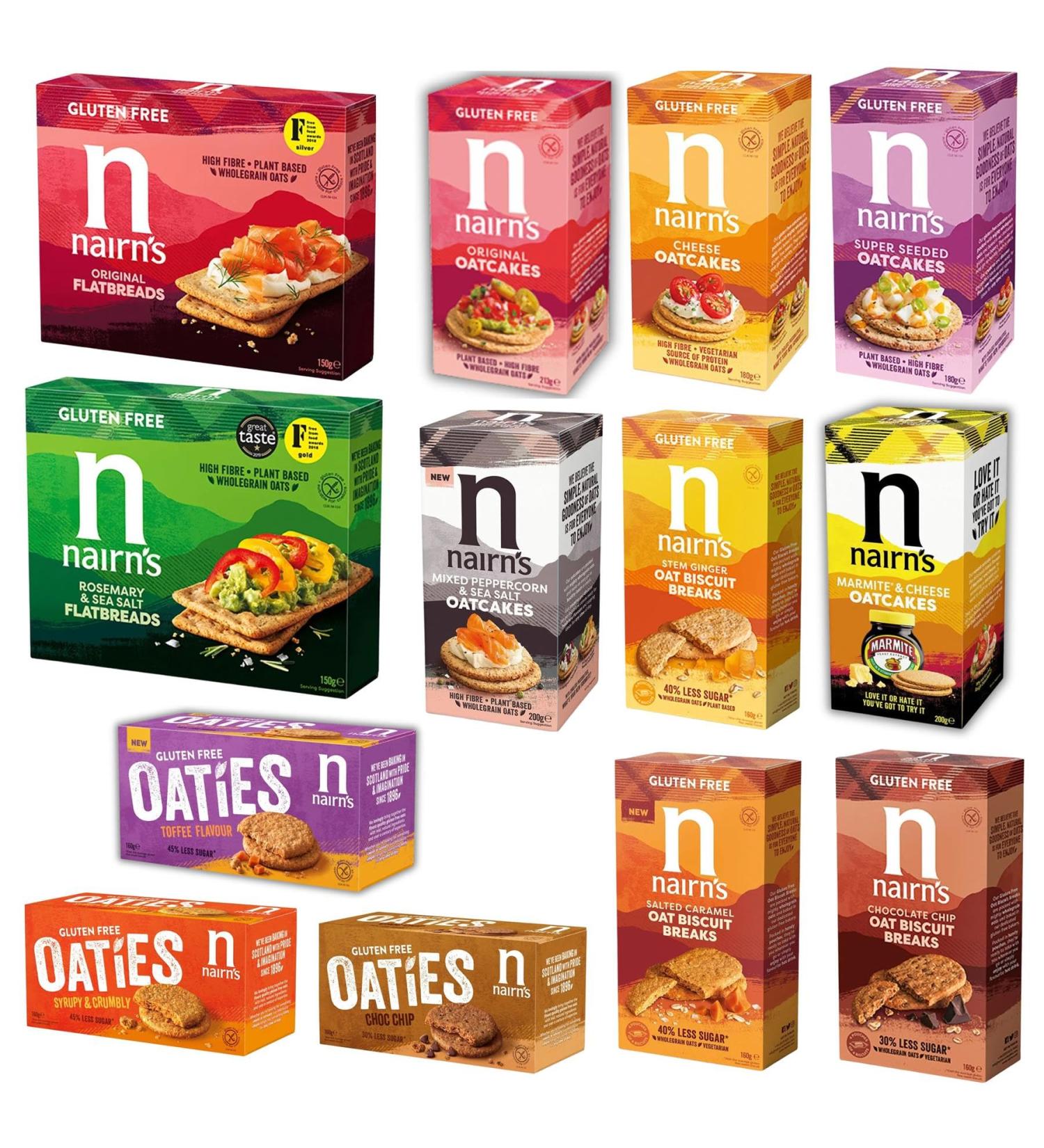 Nairns Gluten Free Oatcakes Flatbreads & Oat Biscuit Breaks Pick N Mix - Choose From Oaties with 10+ Flavours | Choc Chip Salted Caramel Cheese Toffee Super Seeded Stem Ginger - Pack of 6 213 g (Pack of 6) - Buy Online on GoSupps.com