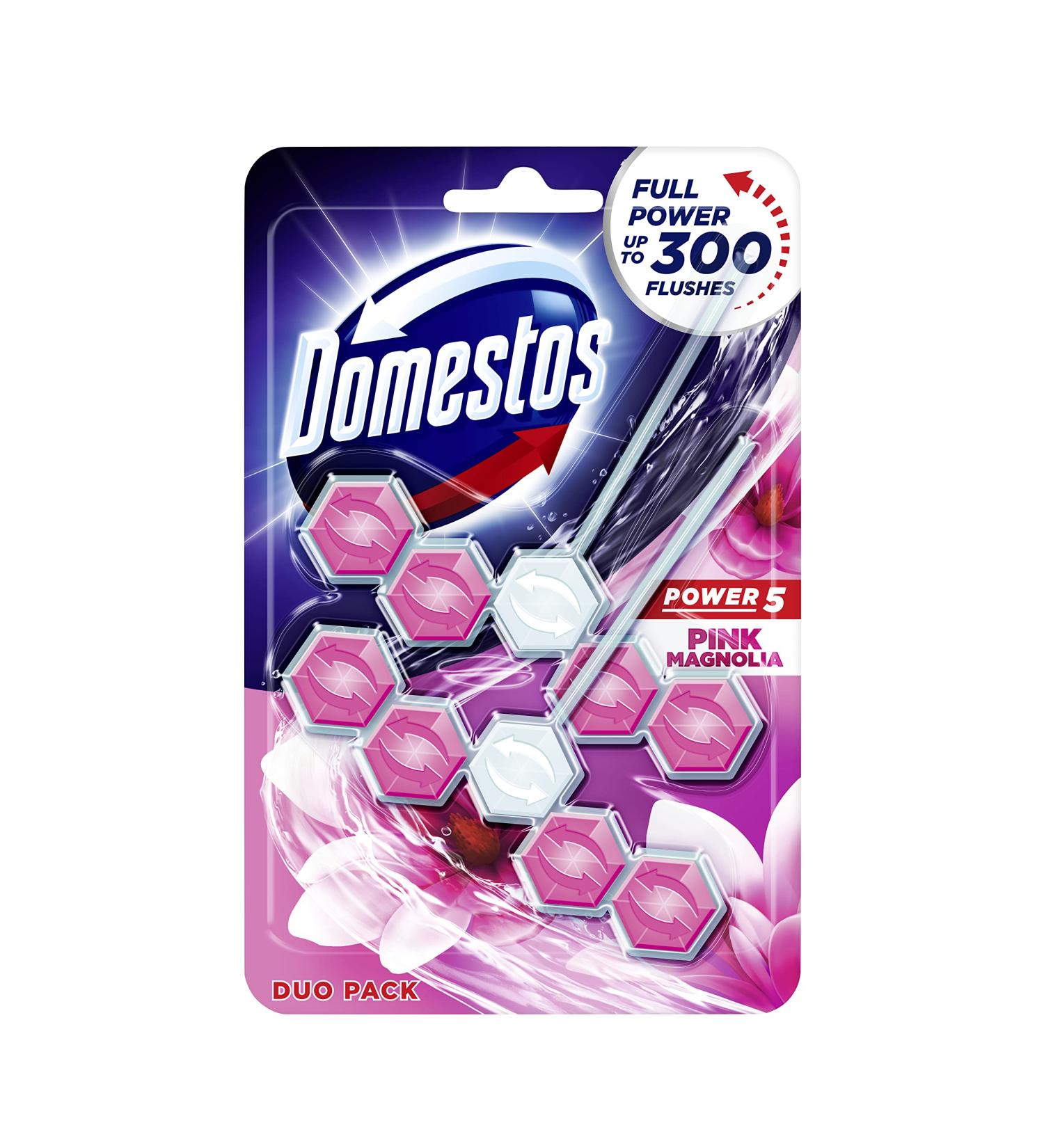 Domestos Power 5 Duo Pack Pink Magnolia Toilet Rim Block - 300 Flushes, Limescale Prevention - 14x55g Magnolia - 14 Count - Buy Online on GoSupps.com