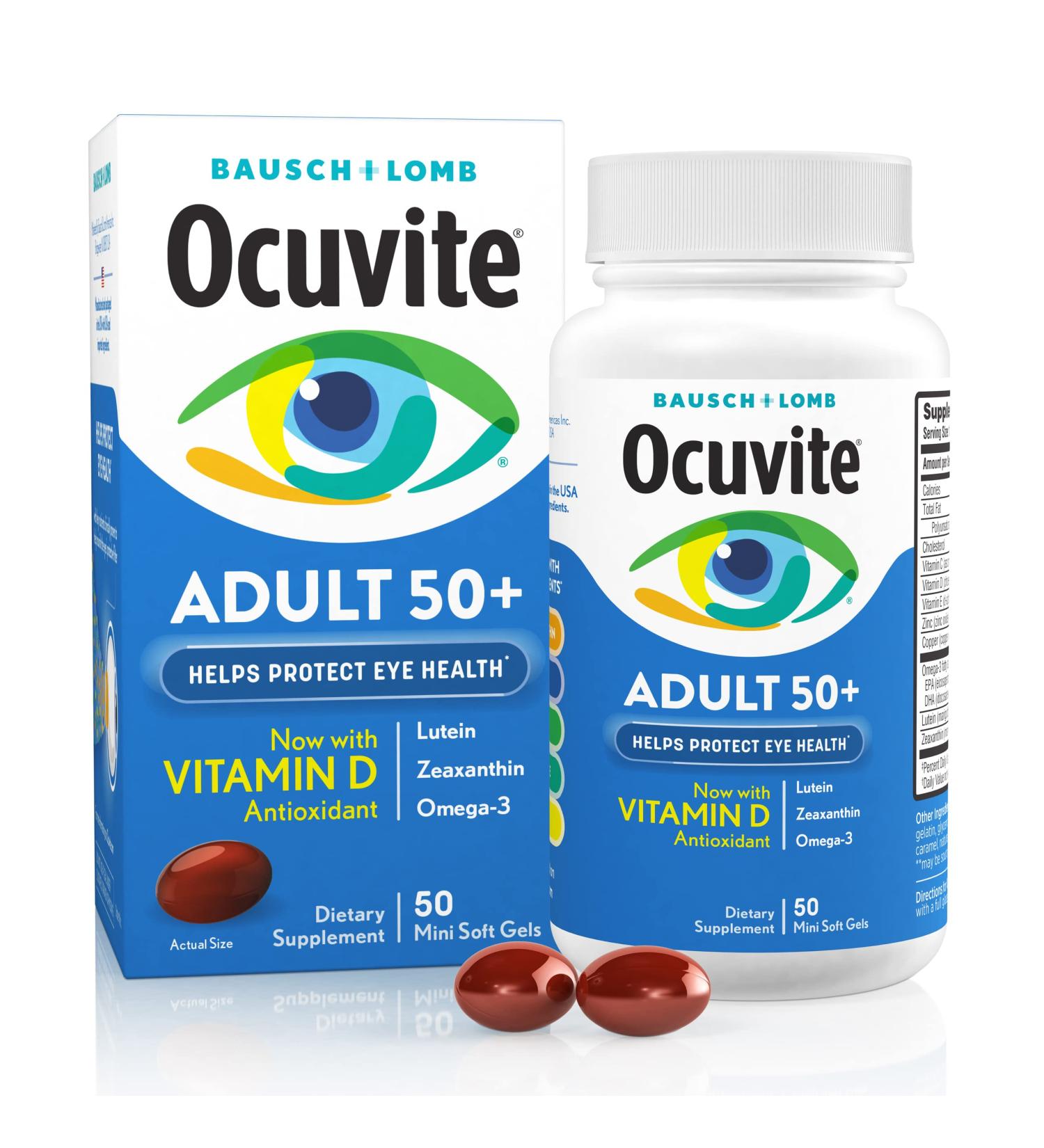 Ocuvite 50+ Eye Vitamin & Mineral Supplement Multivitamin for Vision & Ocular Health with Omega-3 Zinc Vitamins C & E Lutein & Zeaxanthin Zinc Supplements for Women and Men 50 Softgels - 12 Pack - Buy Online on GoSupps.com
