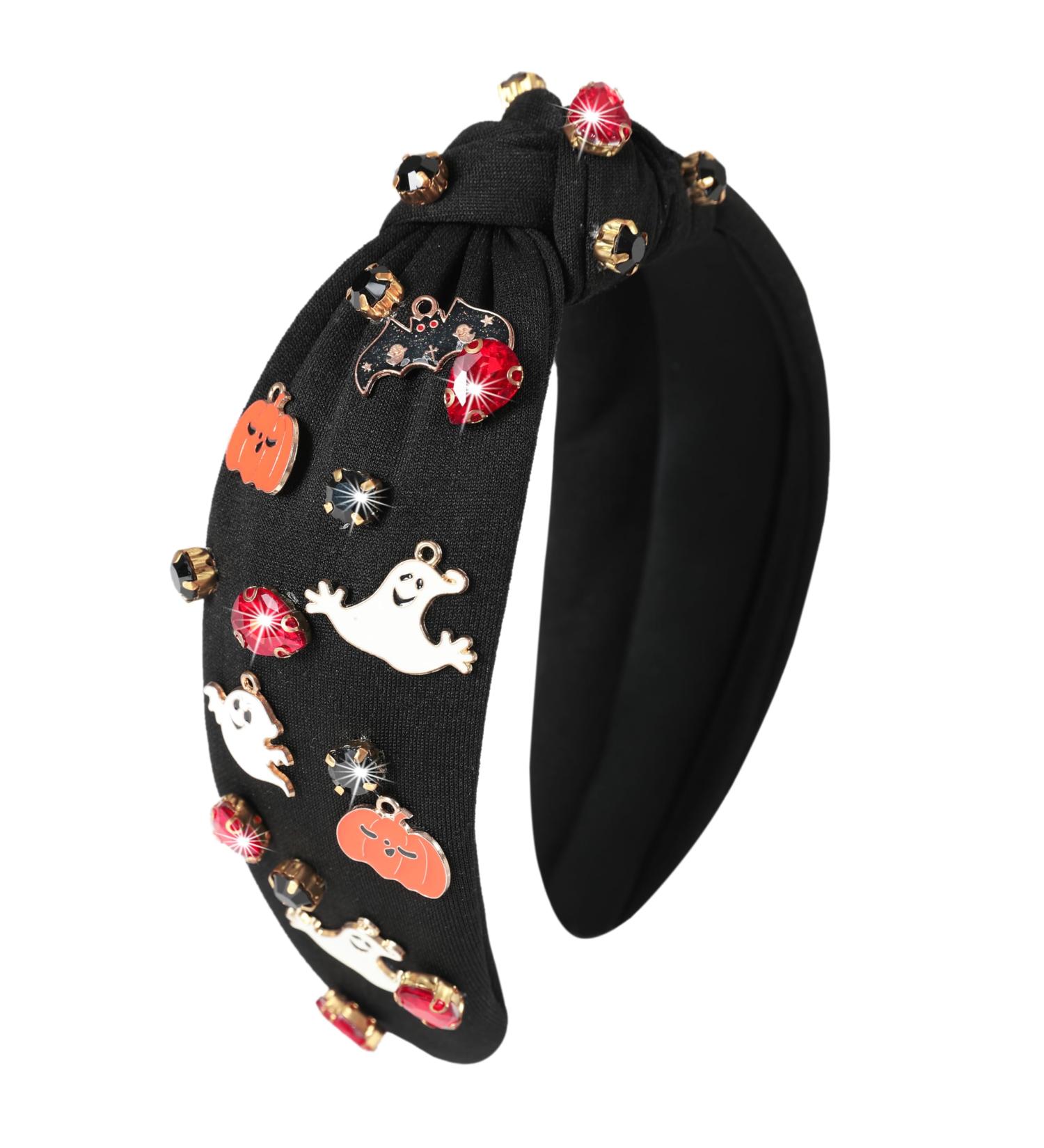 Gmmidea Halloween Jeweled Headbands for Women Girls Beaded Boo Pumpkin Ghost Bat Headband Sparkly Rhinestone Knotted Headband Cute Halloween Costume Headpiece Hair Accessories (Ghost & Pumpkin)-black - Buy Online on GoSupps.com