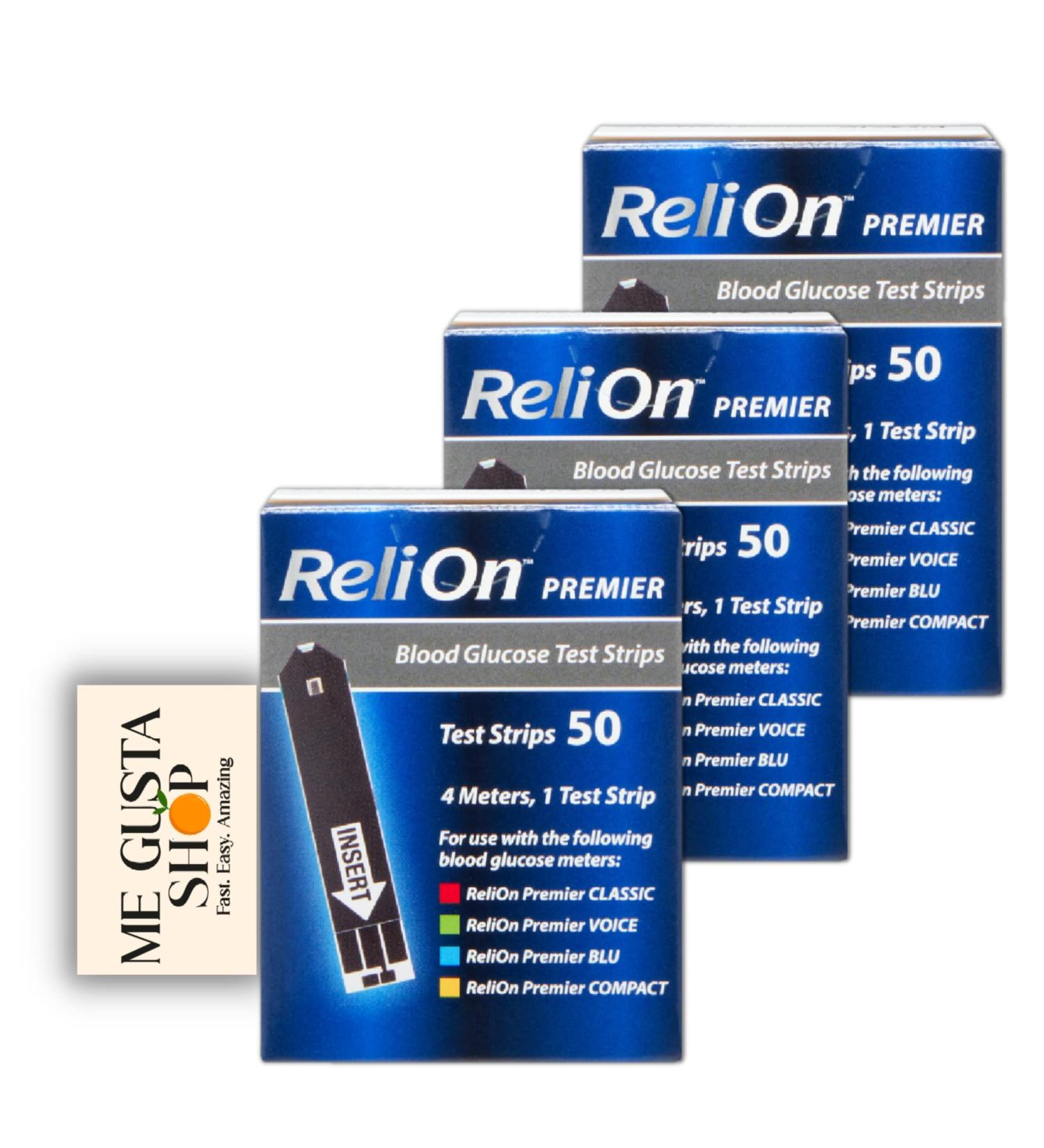 ReliOn Premier Blood Glucose Test Strips 50 Count x 3 Packs (Total 150) + Me Gustas Stickers - Buy Online on GoSupps.com