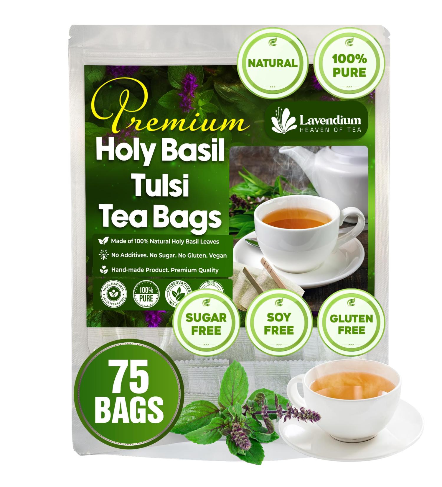 Lavendium 75 HolyBasil Tea Bags 100% Natural & Pure Tulsi Holy Basil Leaves Loose Leaf Holy Basil Herbal Tea. Holy Basil Leaf Tea. No Sugar No Caffeine No Gluten Vegan. - Buy Online on GoSupps.com