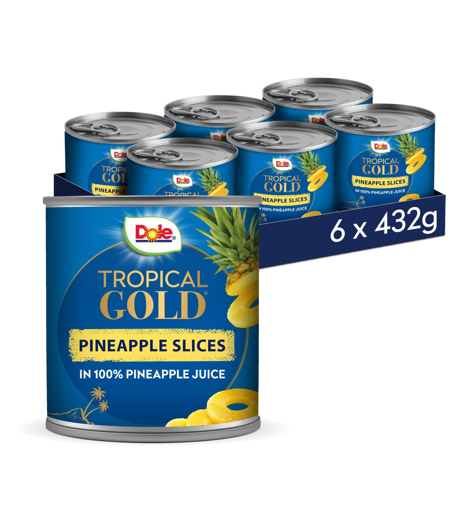 Dole Tropical Gold Premium Tinned Pineapple Slices in Juice 6 x 432g Healthy Snack Made with Fresh Fruit No Added Sugar Pineapple Cans Perfect for Breakfast & Dessert or Adding to Recipes Pineapple 432 g (Pack of 6) - Buy Online on GoSupps.com