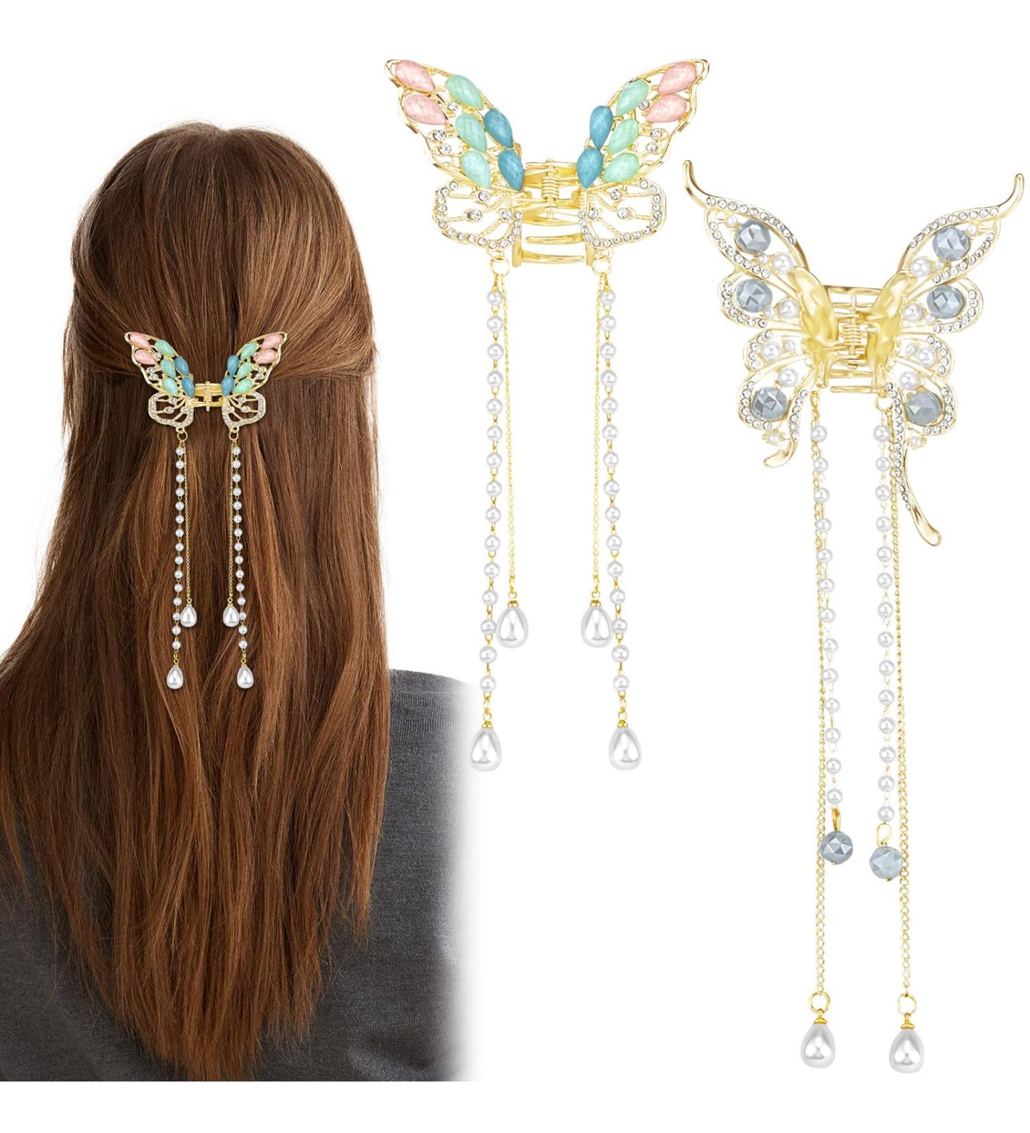Gold Butterfly Tassel Hair Claw Clips - 2 Pcs Set | Rhinestone Pearl Crystal Metal Clips for Women & Girls - Buy Online on GoSupps.com