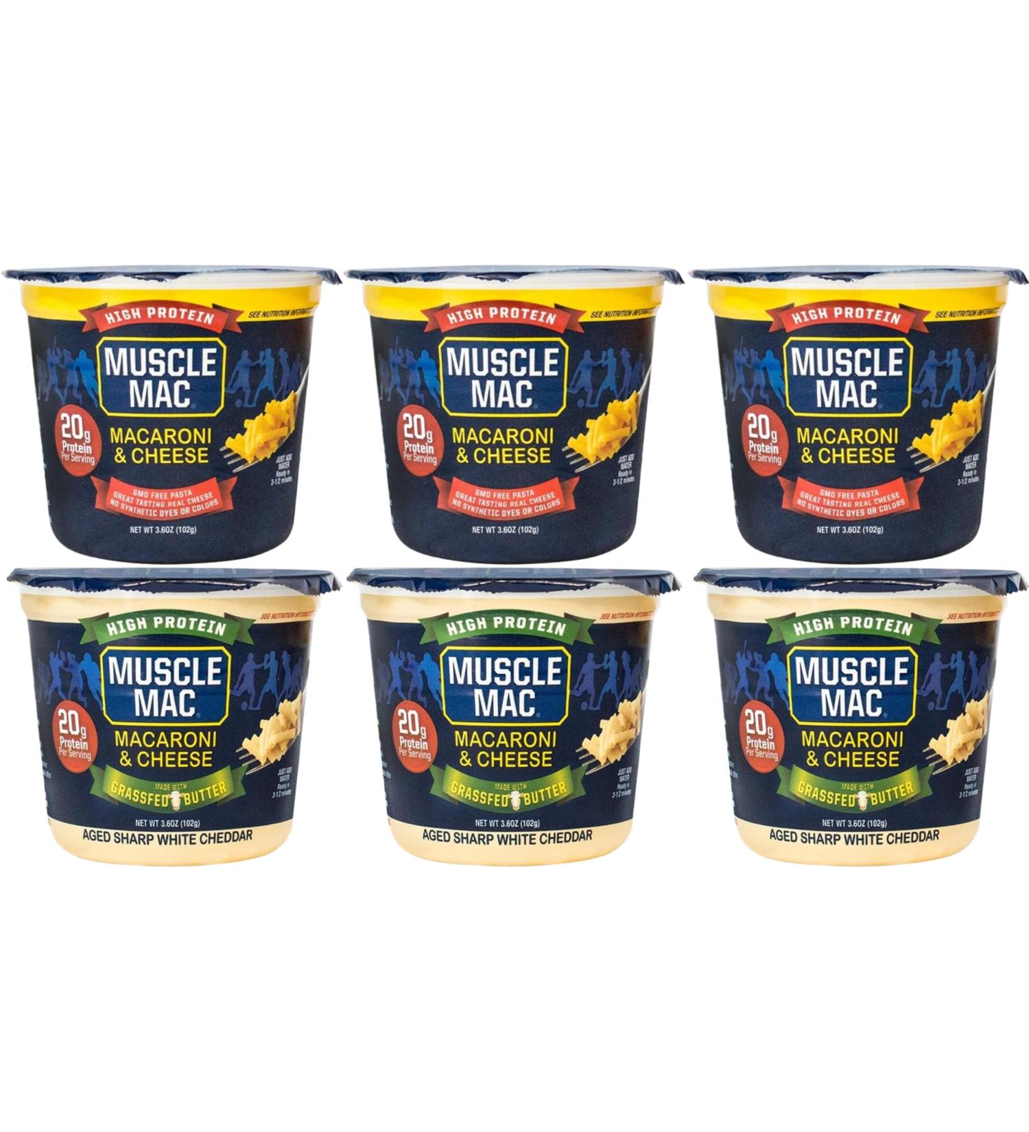 Muscle Mac High Protein Mac & Cheese Cups | 20g Protein Macaroni Made with Real Cheese | Microwaveable Cups GMO Free Dye & Colour Free | 3.6oz Cups Pack of 6 Cups (3 Cheddar & 3 Aged Sharp White Cheddar) Variety Pack of 6 Cups - Buy Online on GoSupps.com