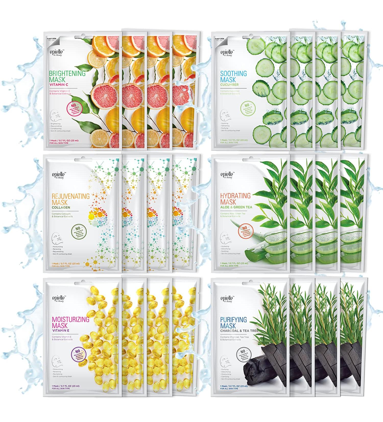 Epielle Assorted Premium Facial Sheet Masks - Korean Beauty Skincare Variety Pack | Spa Day/Night, Beauty Gift, Stocking Stuffers - 24 Masks - Buy Online on GoSupps.com