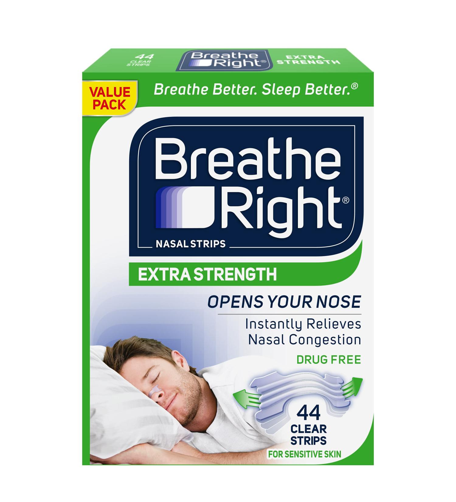 Breathe Right Extra Strength Clear Nasal Strips - 44 Count, Drug-Free Relief for Nasal Congestion, Allergies & Snoring - Buy Online on GoSupps.com