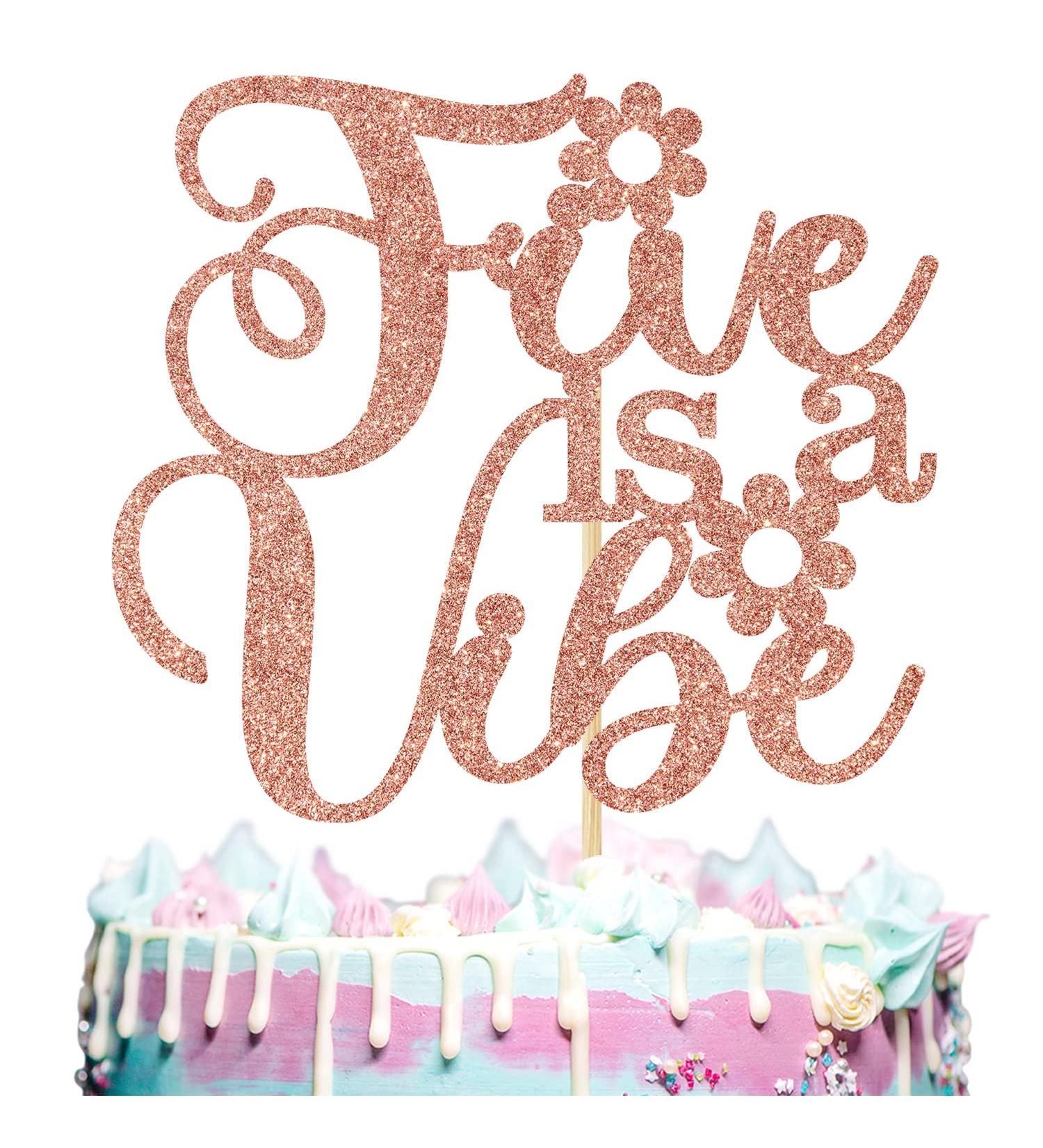 Five is a Vibe Cake Topper - Groovy 5th Birthday Party Decoration - Flower Rainbow Cake Decor for Girl Hippie Retro Disco Groovy 5 Years Old Birthday Party Decoration Supplies - Rose Gold Glitter - Buy Online on GoSupps.com