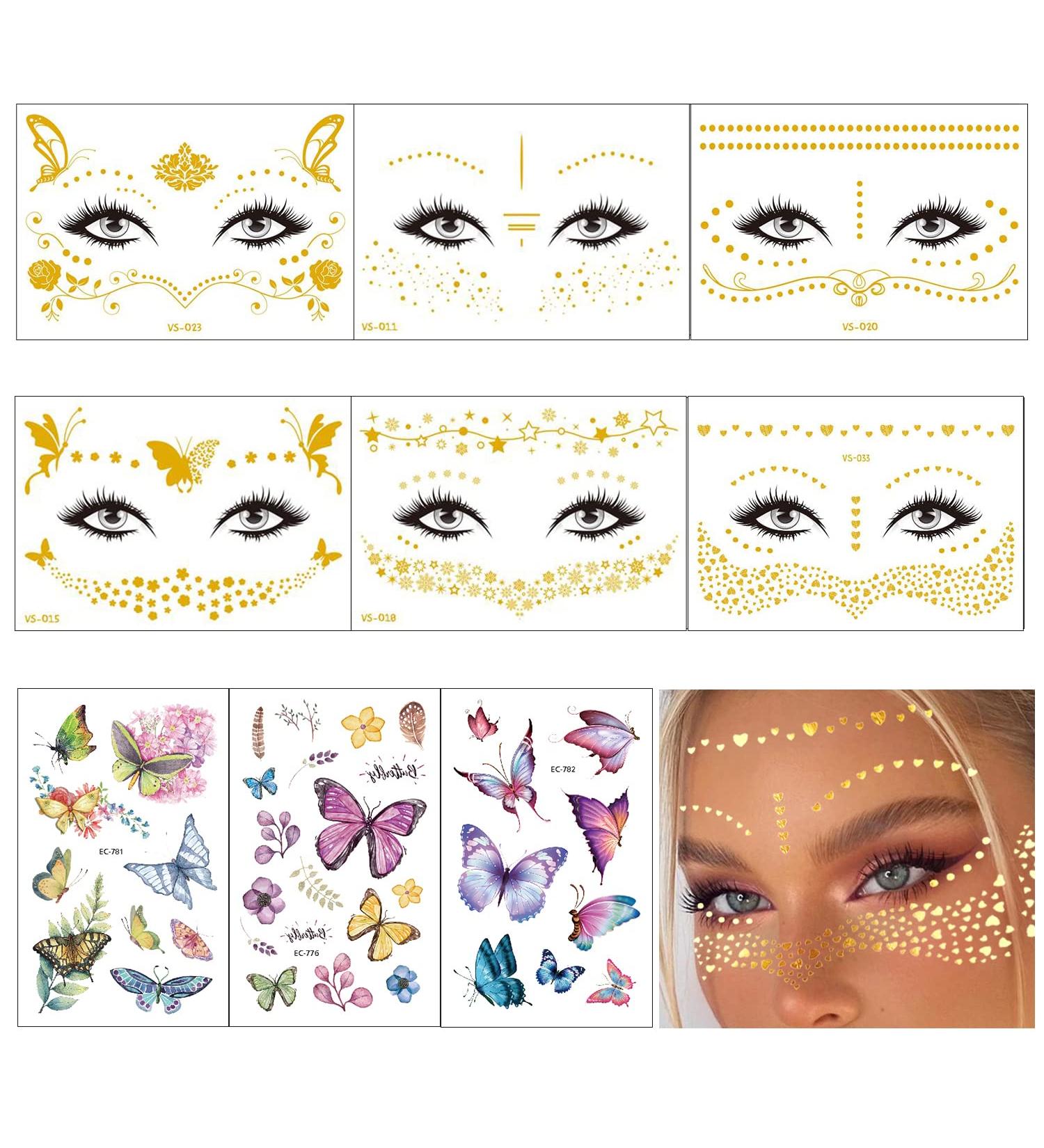 Temporary Face Tattoo Set - 9 Sheets, Metallic Glitter, Butterfly Stickers for Women - Gold Freckle Makeup for Party (Vibrant) - Buy Online on GoSupps.com