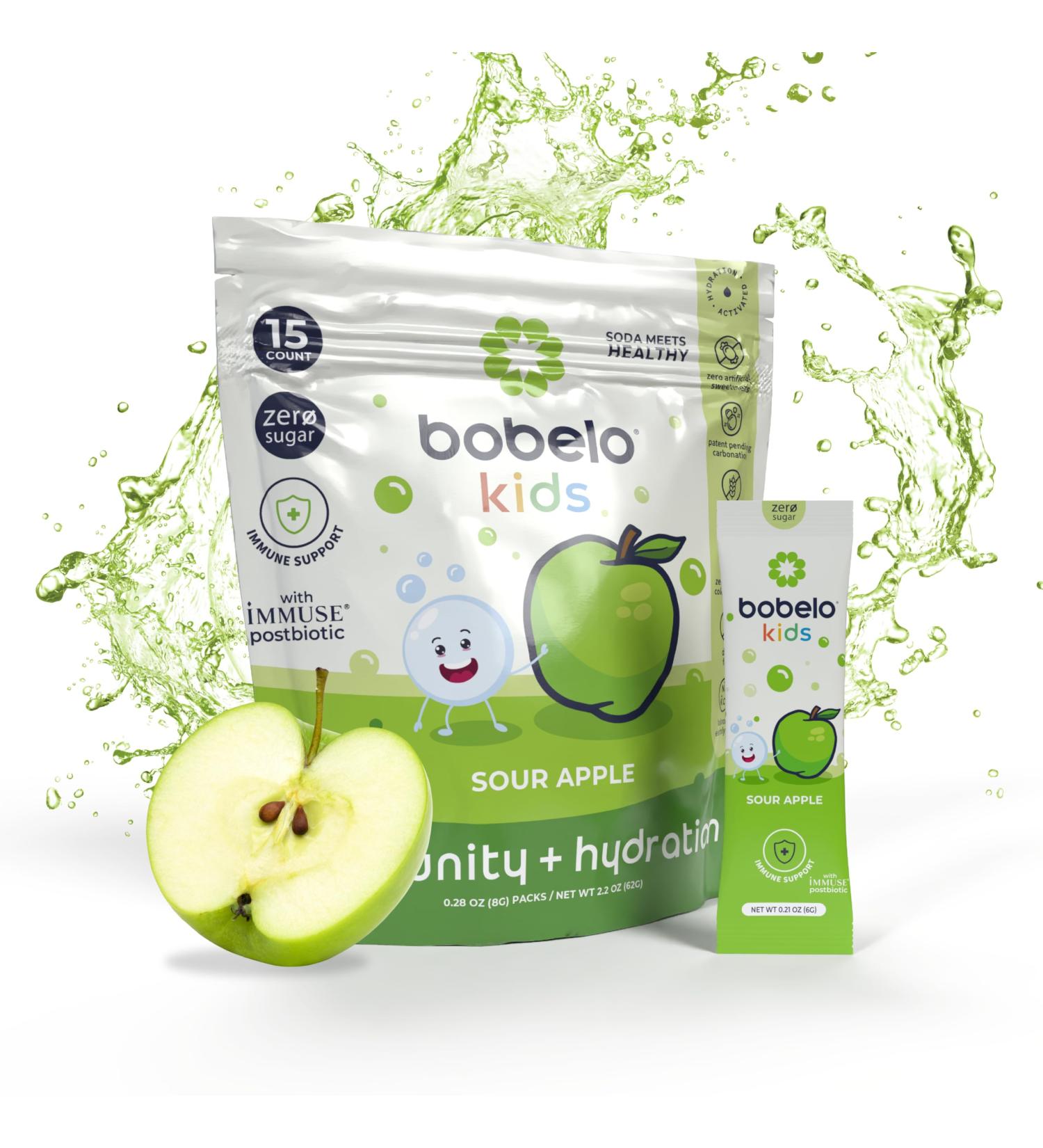 Bobelo Self Carbonating Hydration Packets | Low Calorie Drink Mix Electrolytes Powder Packets | Keto Friendly Low Sugar Water Enhancer | Soda & Sparkling Water Alternative | Sour Apple (15ct) - Buy Online on GoSupps.com