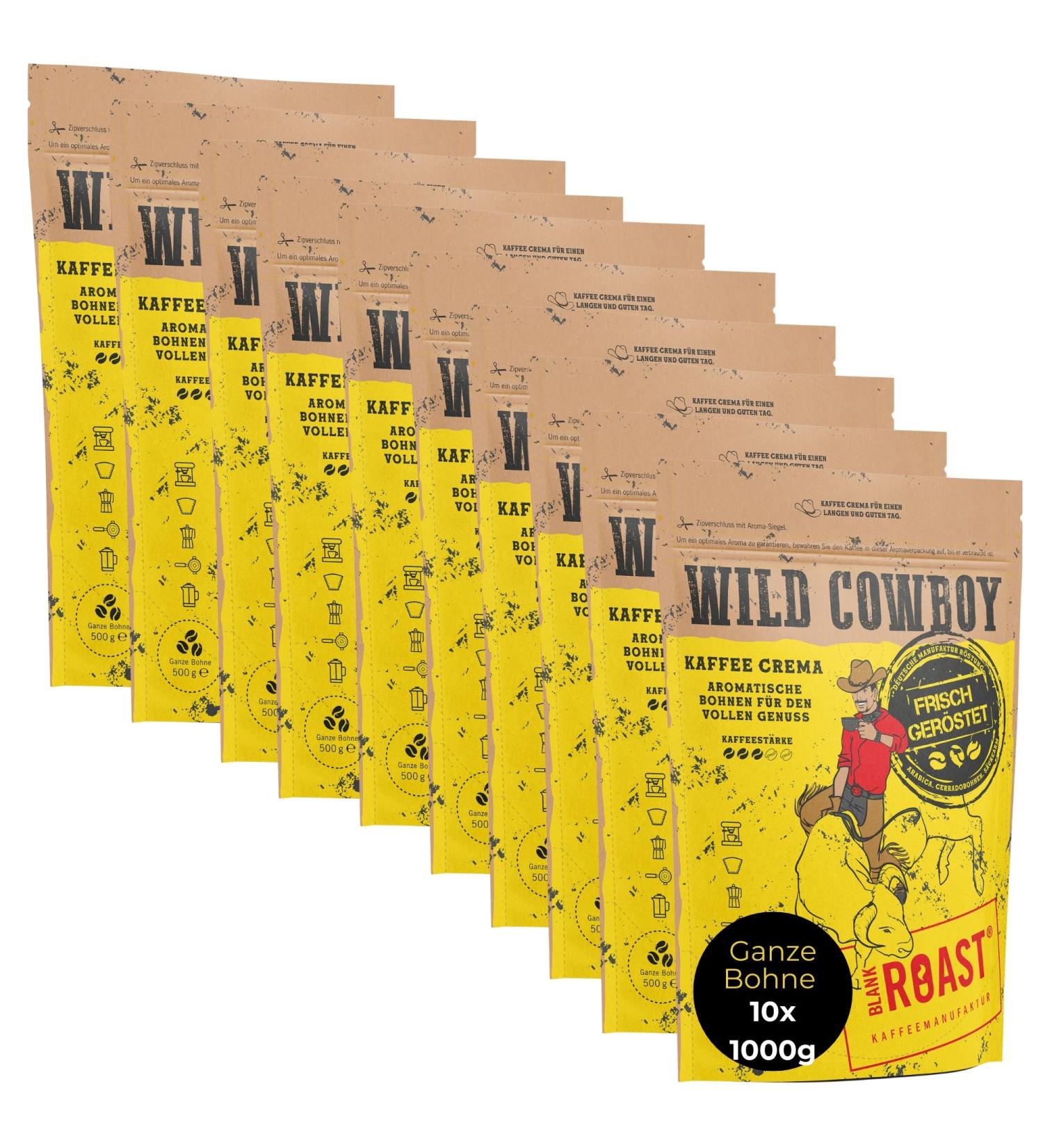 Blank Roast Wild Cowboy Crema - 100% Arabica Whole Beans - Hickory Wood Roasted - Low Acid Coffee - 10 Pack (1kg Each) - Buy Online on GoSupps.com