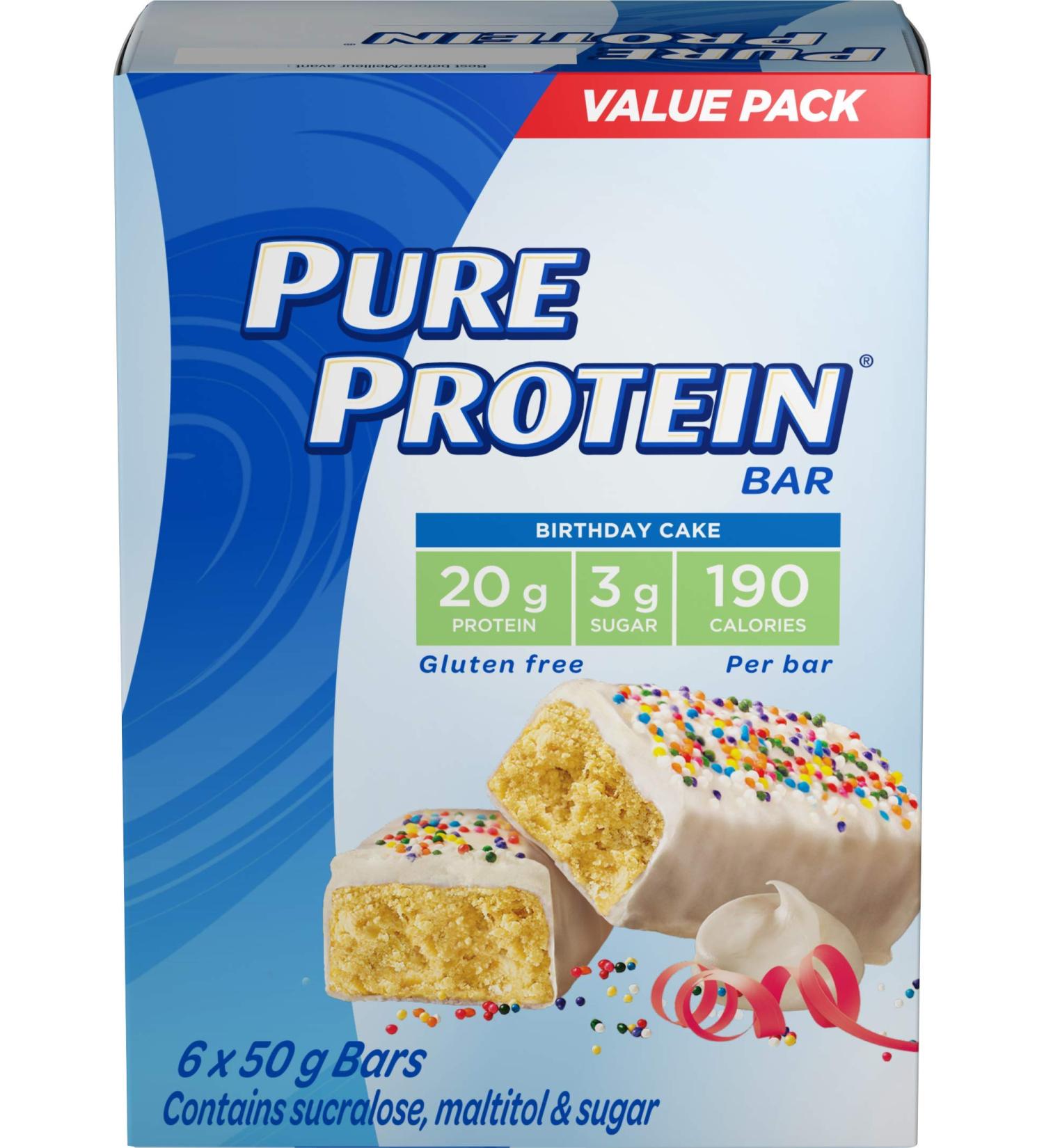 Pure Protein Bars Gluten Free Snack Bar Birthday Cake 6ct 50g/1.8oz (Imported from Canada) - Buy Online on GoSupps.com